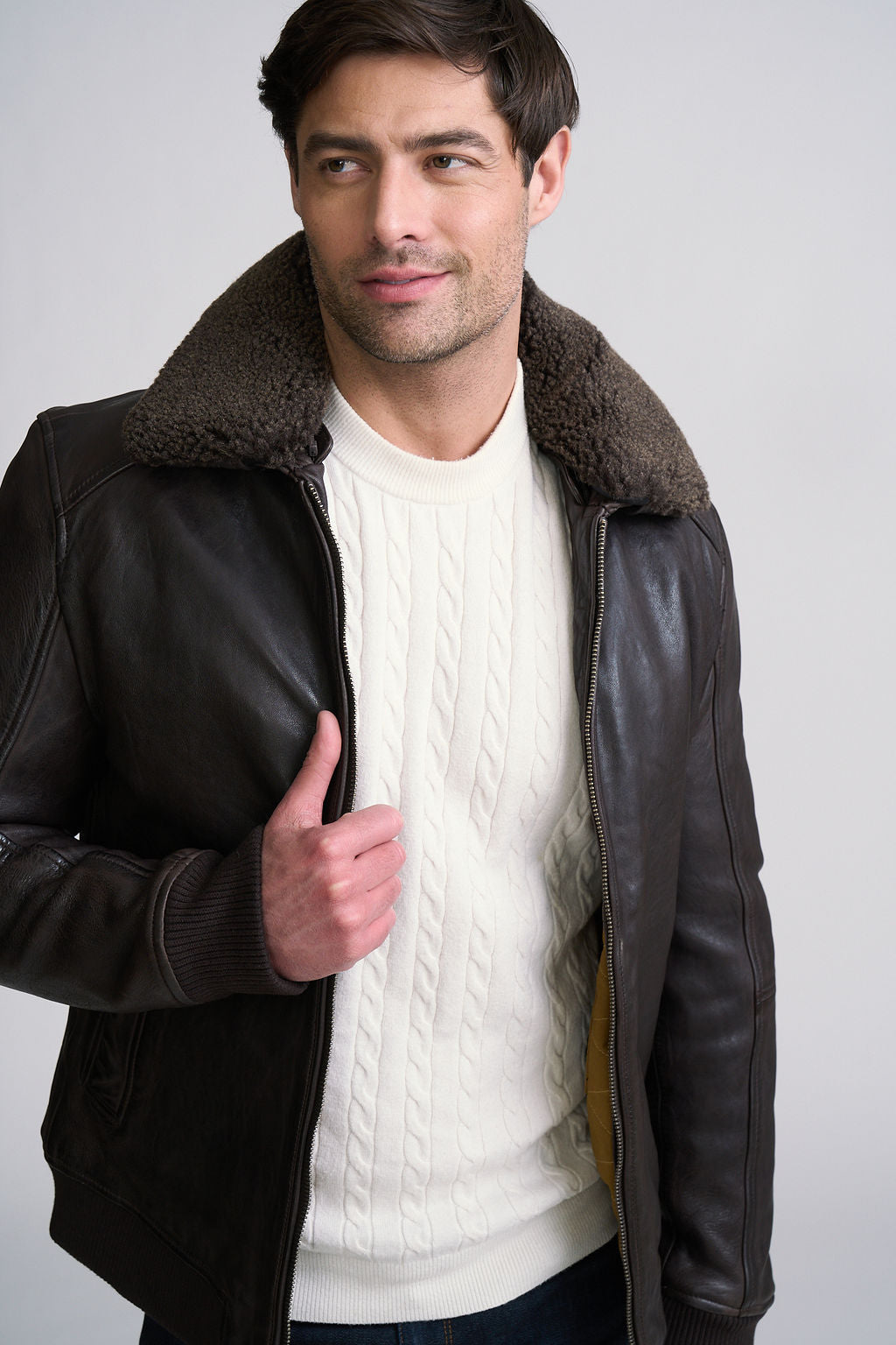 Distressed Leather Shearling Collar Bomber Jacket Dark Chocolate