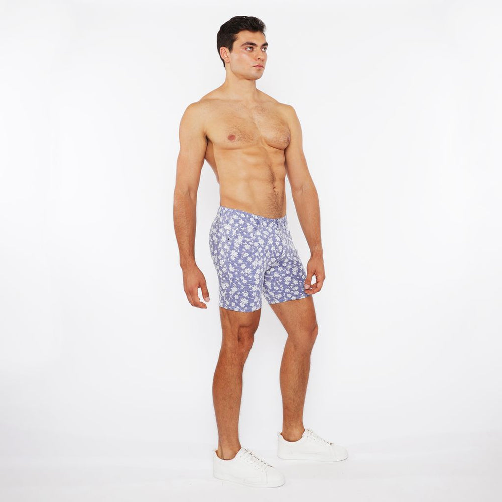 Jacquard Stretch Knit Jean Shorts Blue/Ecru Floral