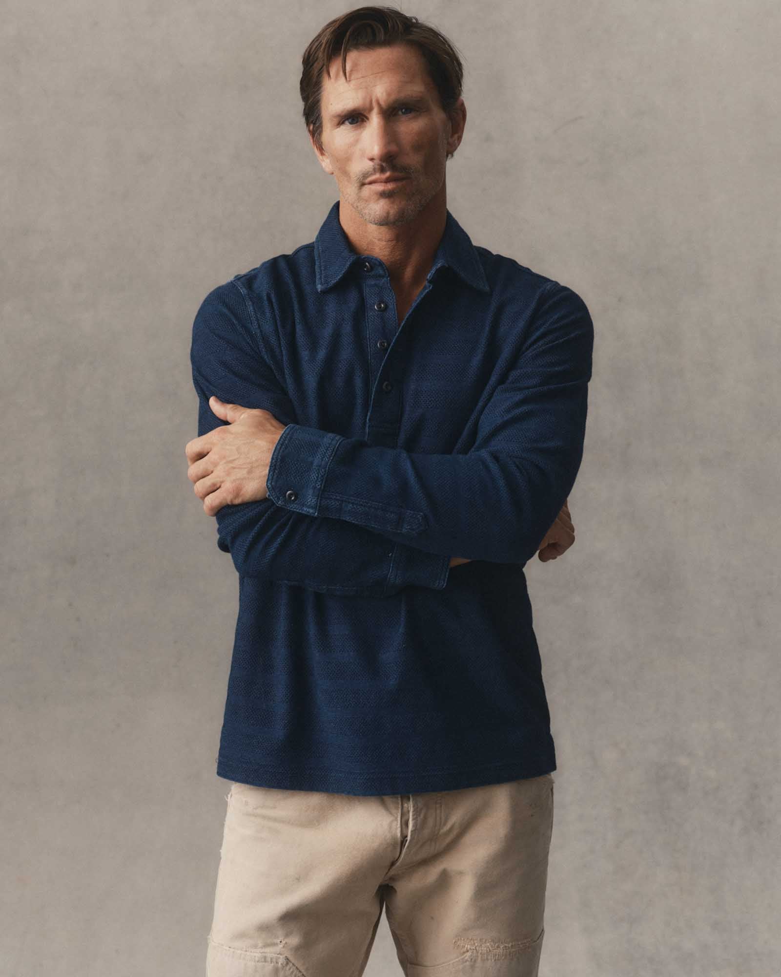 The Long Sleeve Knit Stripe Polo Indigo