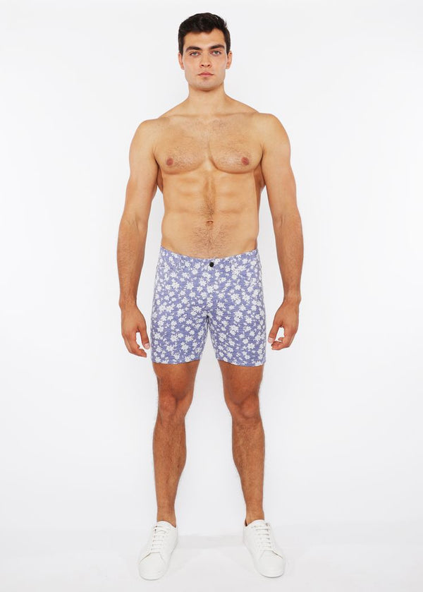 Jacquard Stretch Knit Jean Shorts Blue/Ecru Floral
