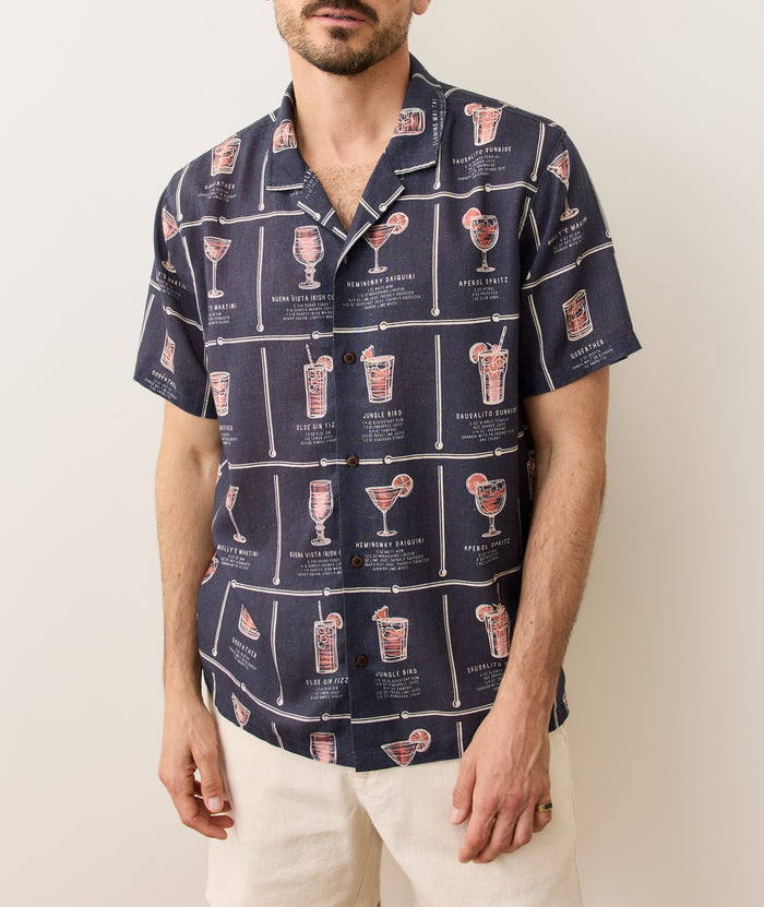 Tencel Linen Resort Shirt Navy Happy Hour Print