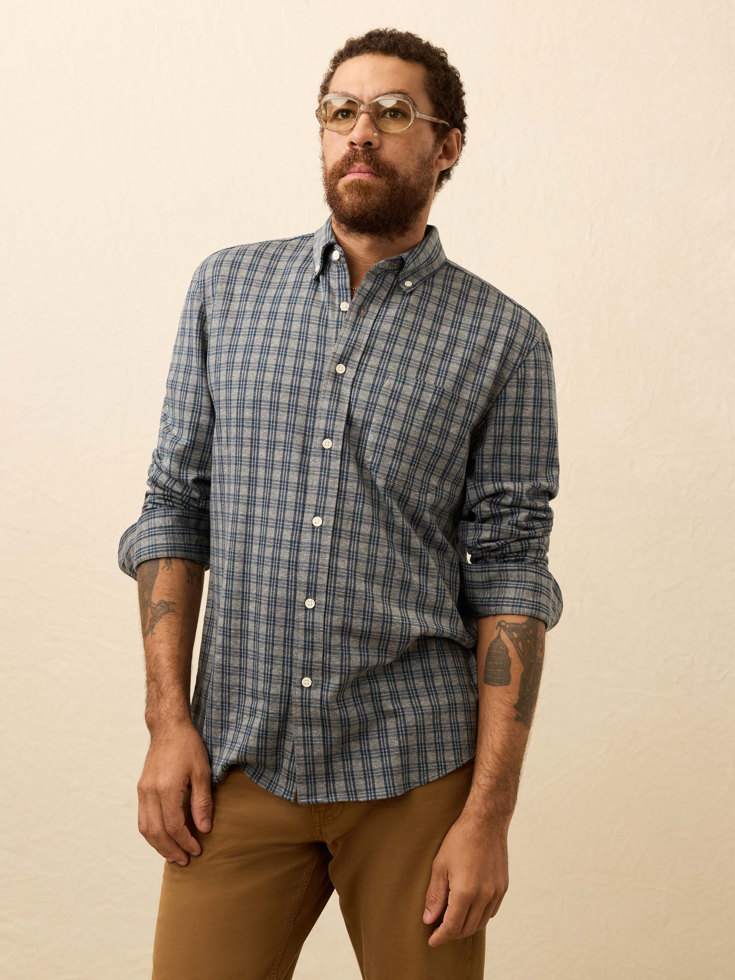 Coastline Knit Shirt Ocean Grey Check