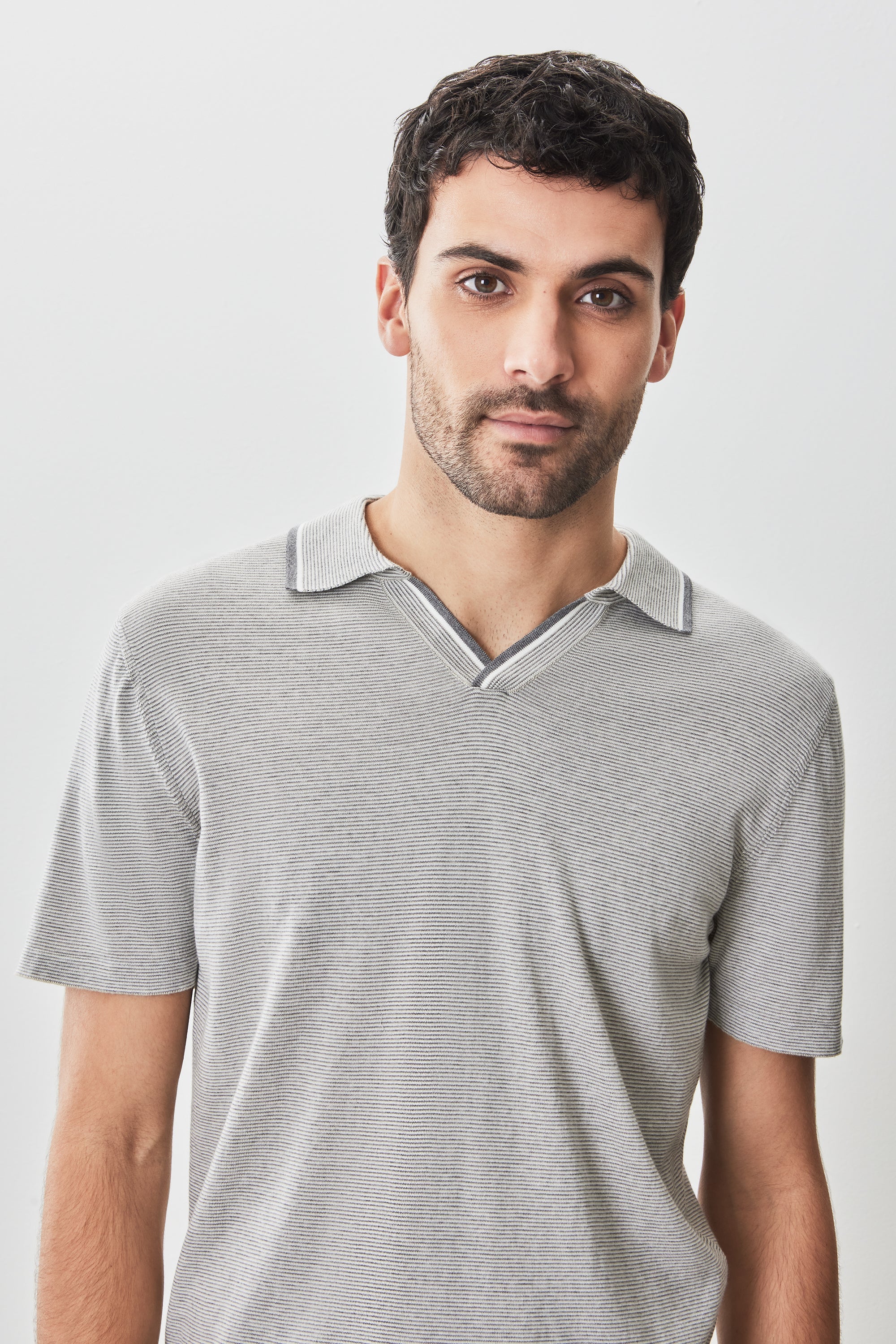 Enrico Short Sleeve Open Collar Sweater Polo Stone