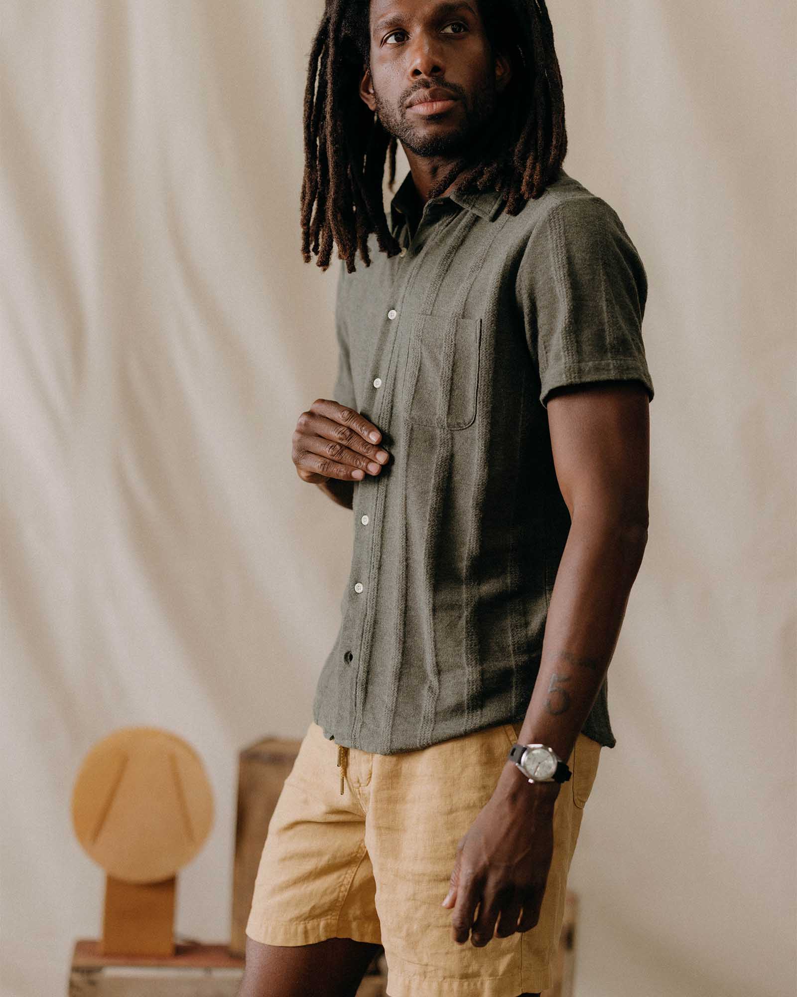 The Short Sleeve California Shirt Heather Olive Pointelle Stripe