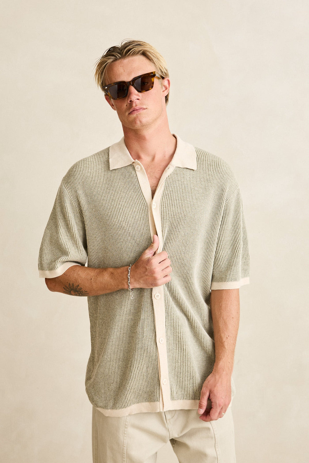 Hi Lo Knit Button Up Shirt Natural