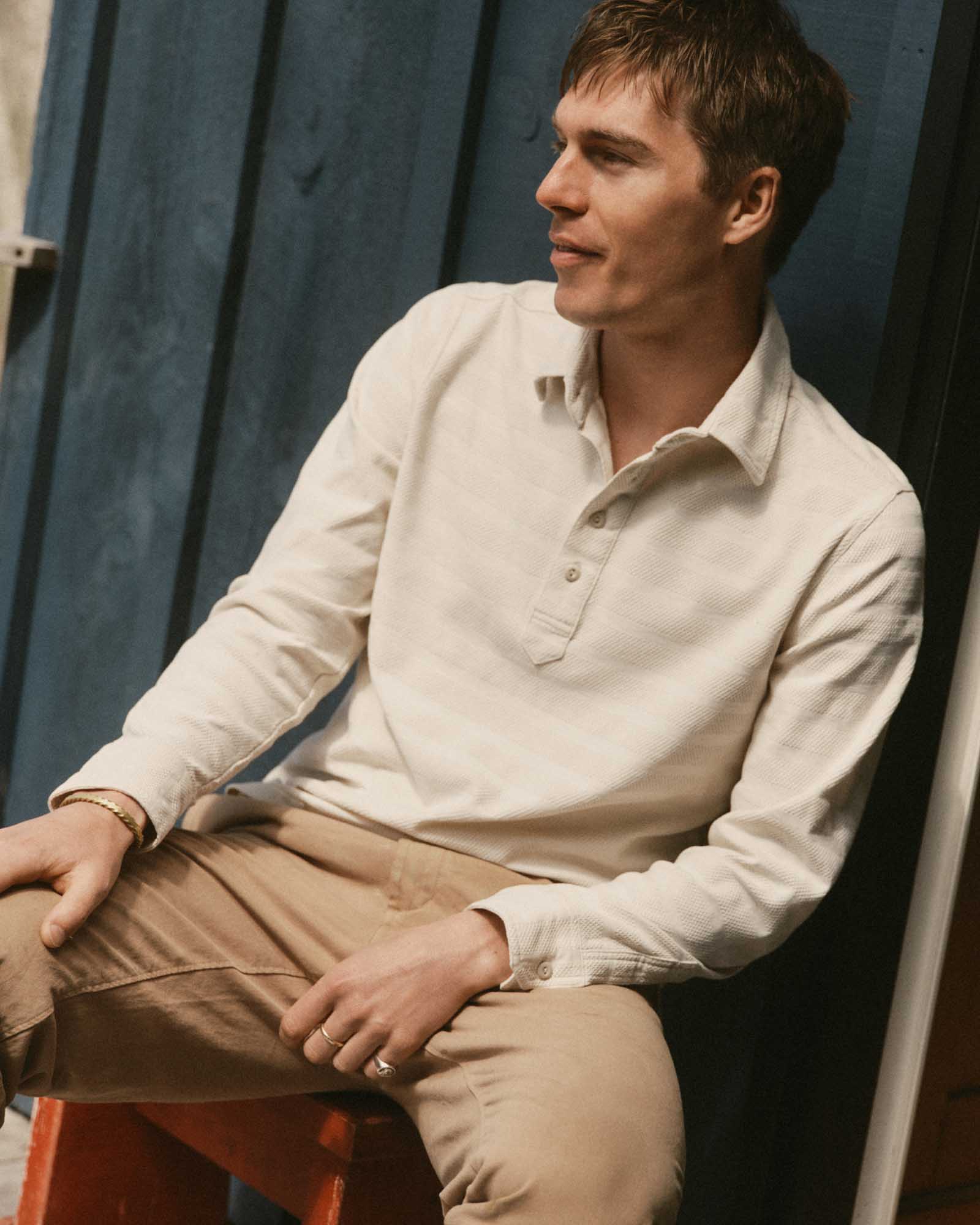 The Long Sleeve Knit Stripe Polo Vintage White