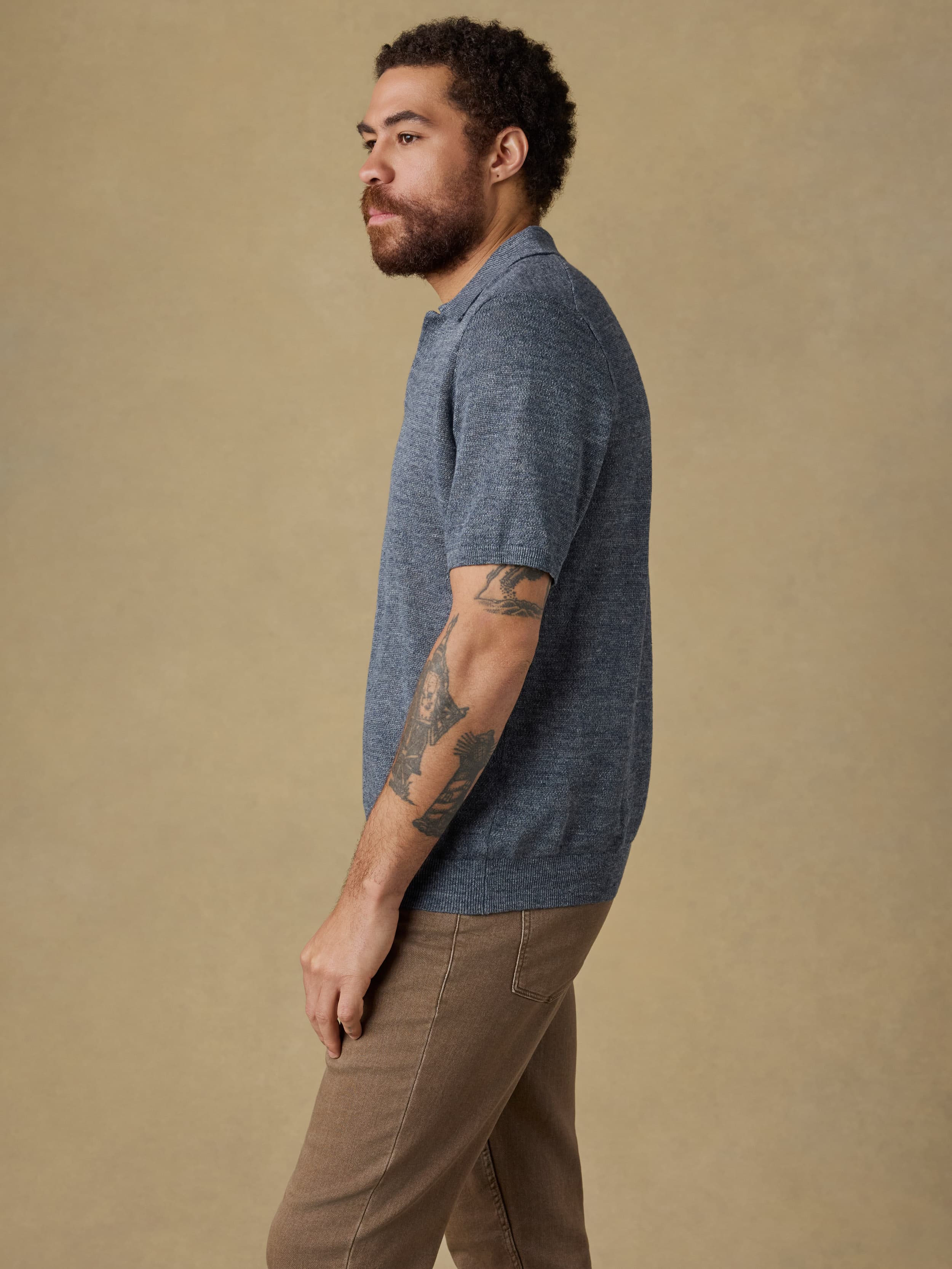 Short Sleeve Linen Sweater Polo Caribbean Navy Melange