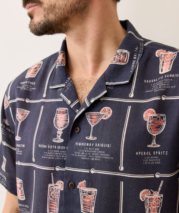 Tencel Linen Resort Shirt Navy Happy Hour Print