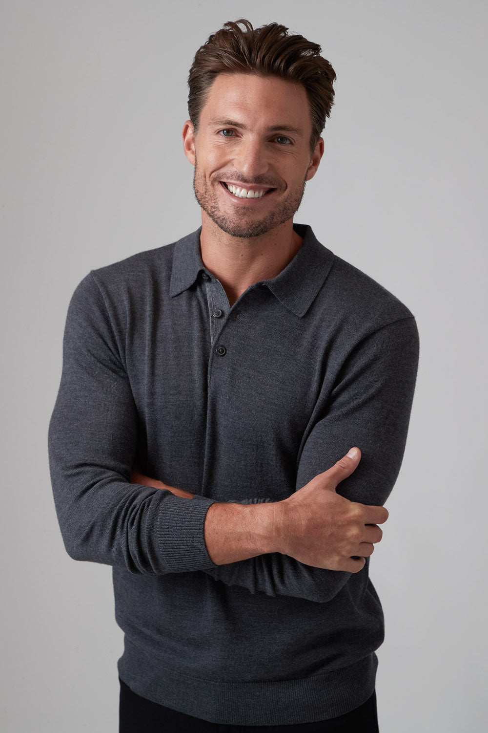 3 Button Merino Polo Charcoal