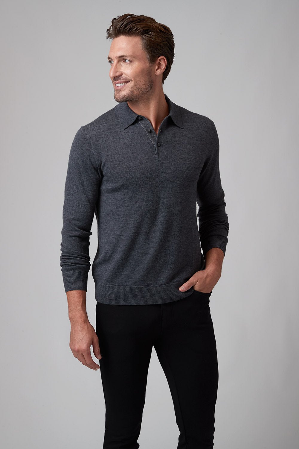 3 Button Merino Polo Charcoal