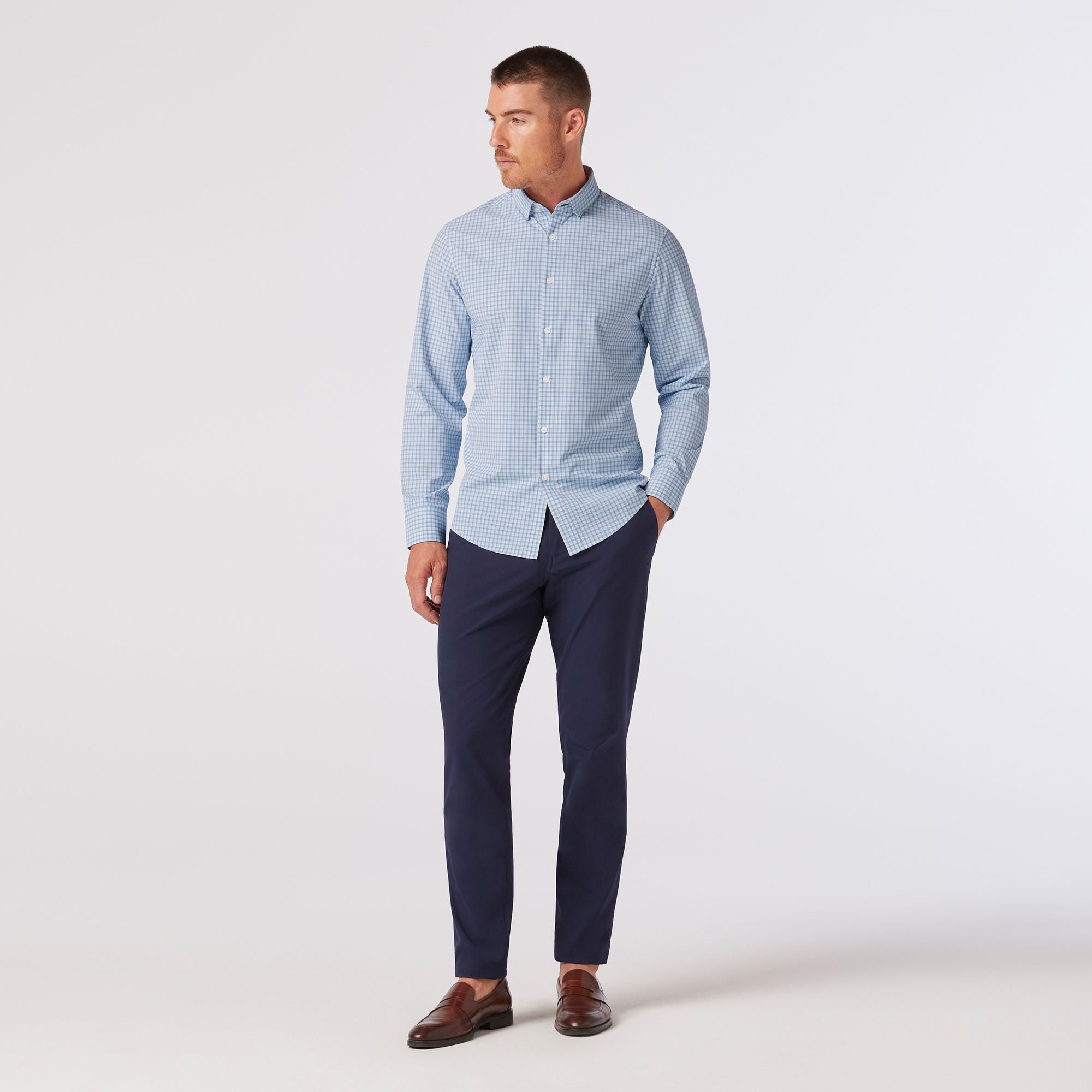 Leeward Long Sleeve Dress Shirt Light Blue Adam Plaid