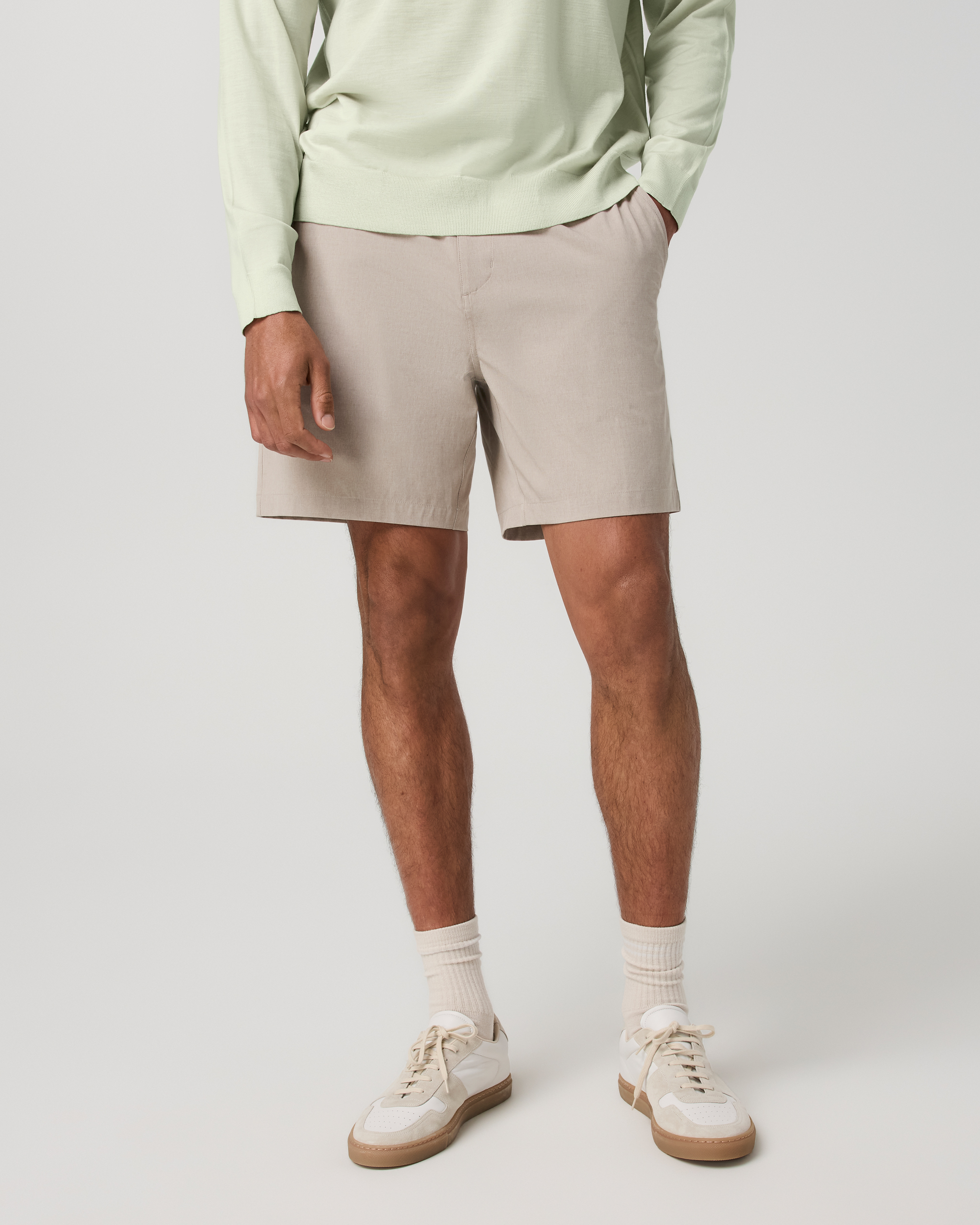 Aim Elastic Waist Short Khaki Linen Texture