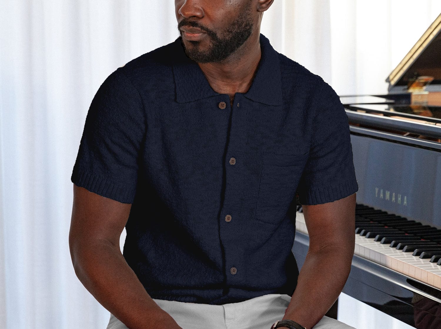 Cabana Texture Button Front Knit Shirt Navy