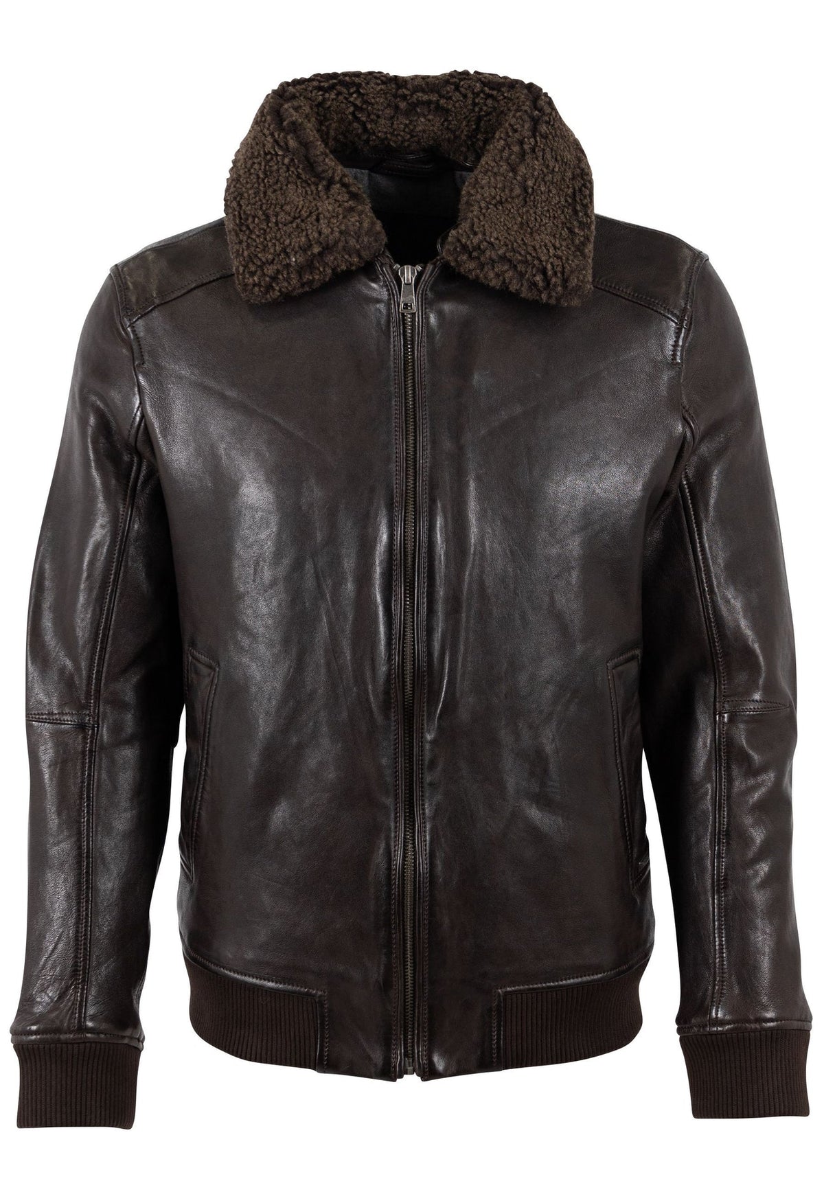 Distressed Leather Shearling Collar Bomber Jacket Dark Chocolate