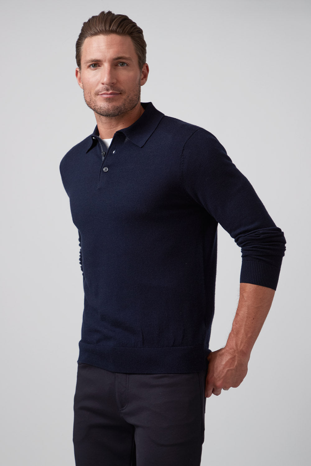 3 Button Merino Polo Navy