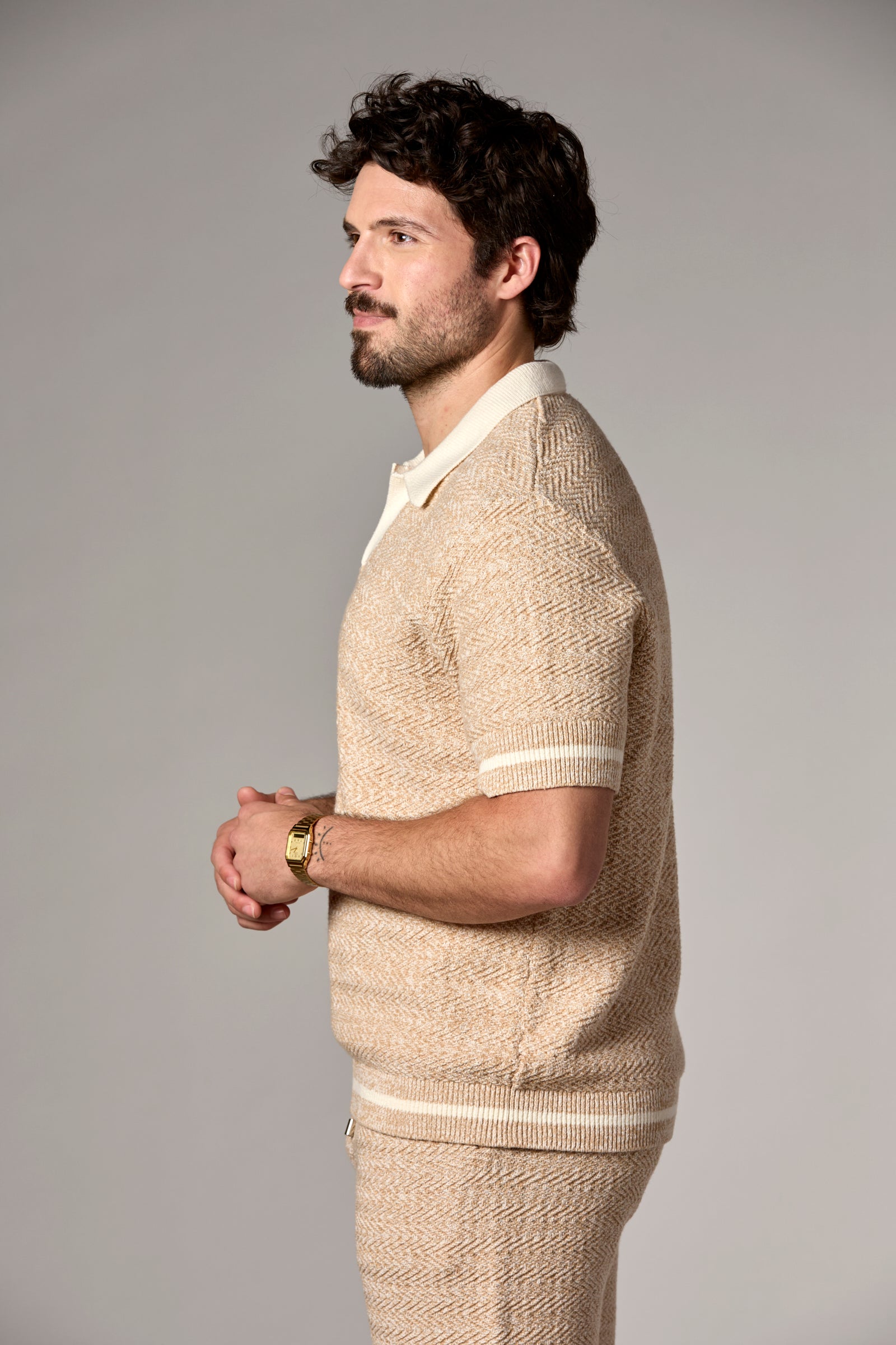 Textured Knit Polo Oat Multi