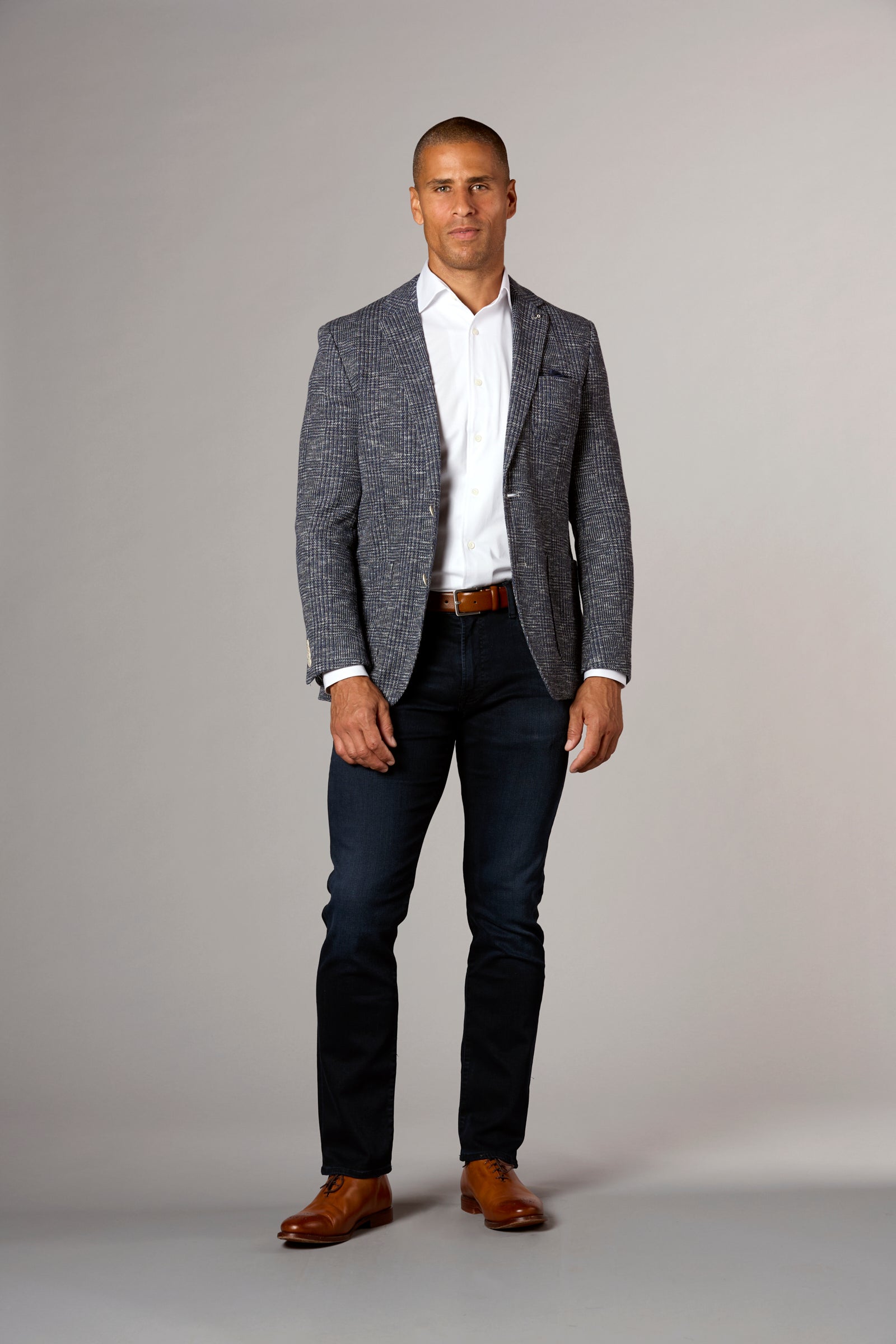 Textured Plaid Stretch Jacket Navy