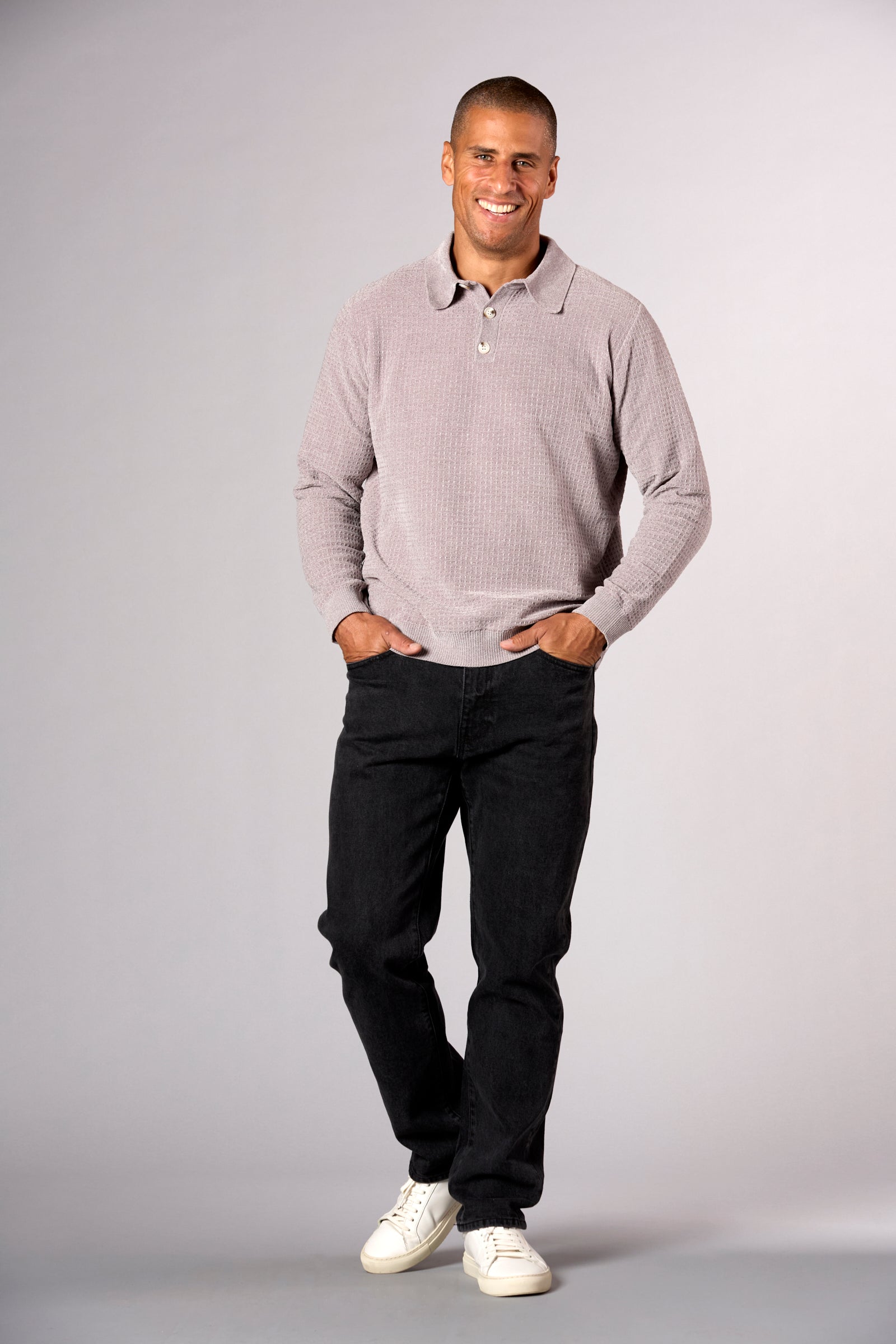 Chenille Waffle Stitch Polo Grey Heather