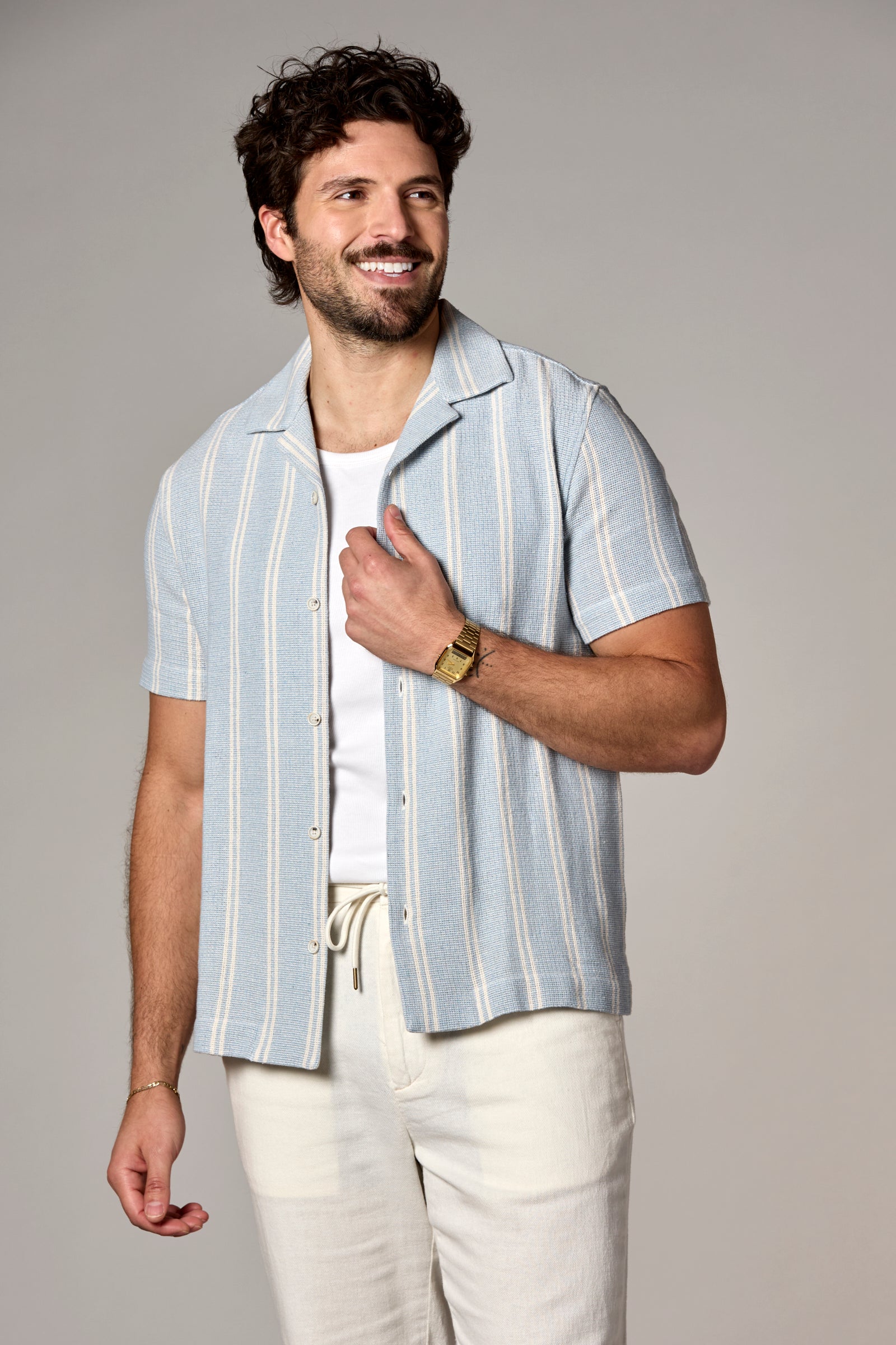 Bahamas S/S Striped Camp Shirt Ecru/Light Blue