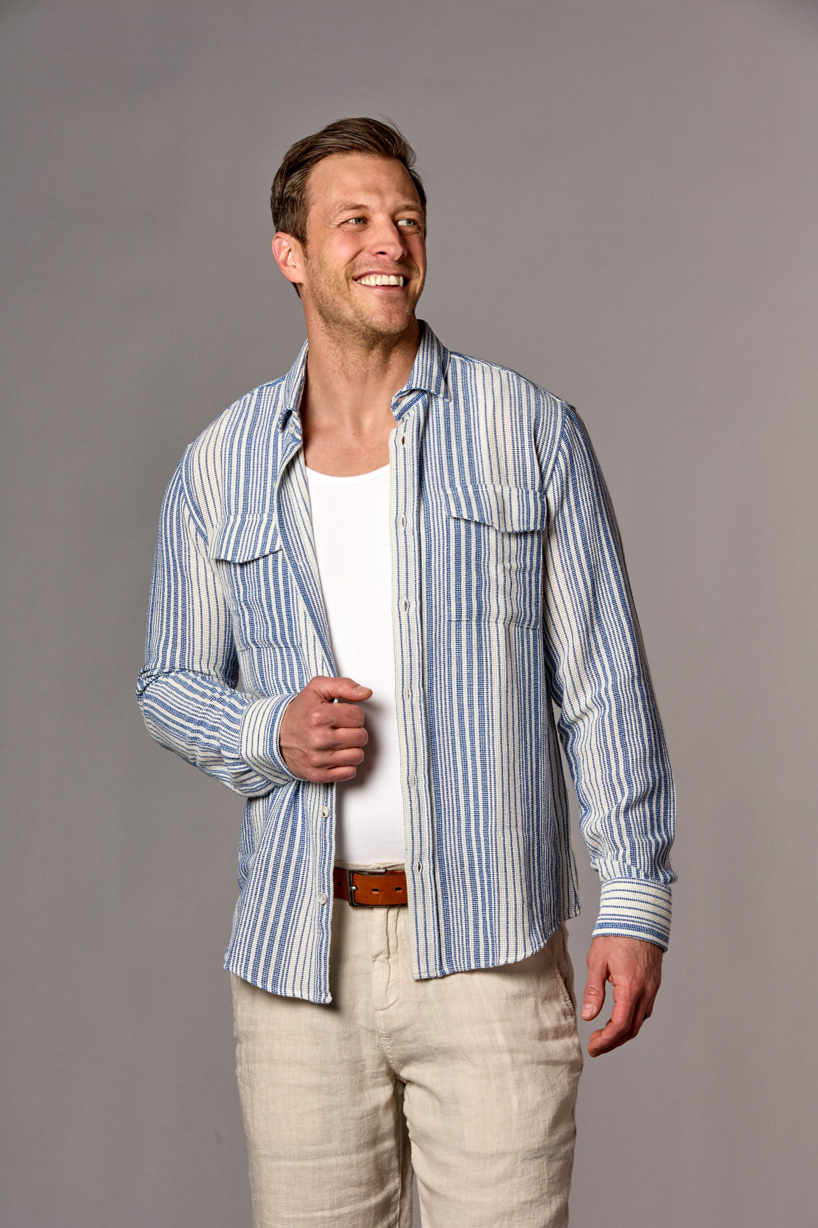 Mixed Stripe Two Pocket Shirt Blue/Ecru