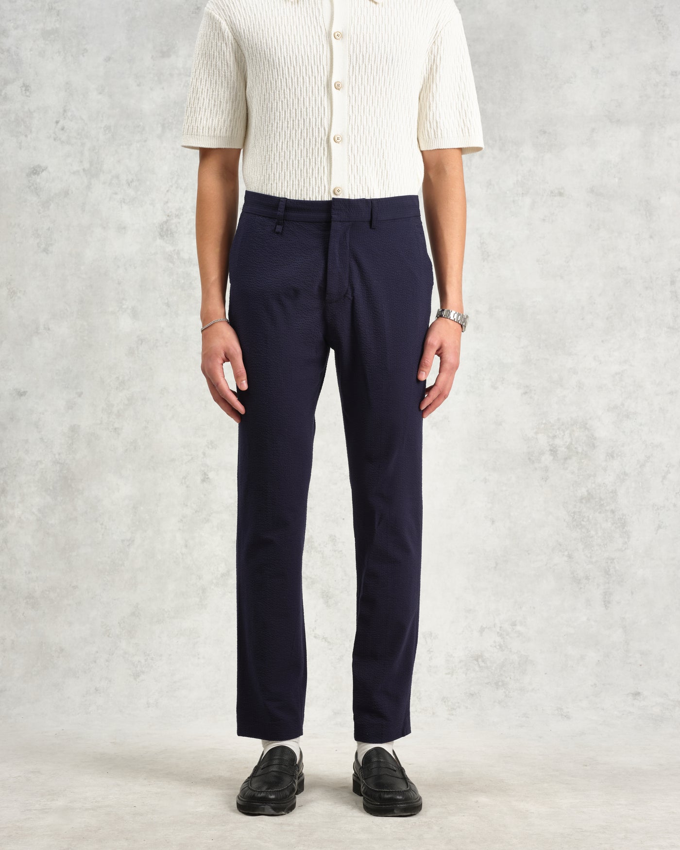 Alp Seersucker Smart Trouser Navy Grid