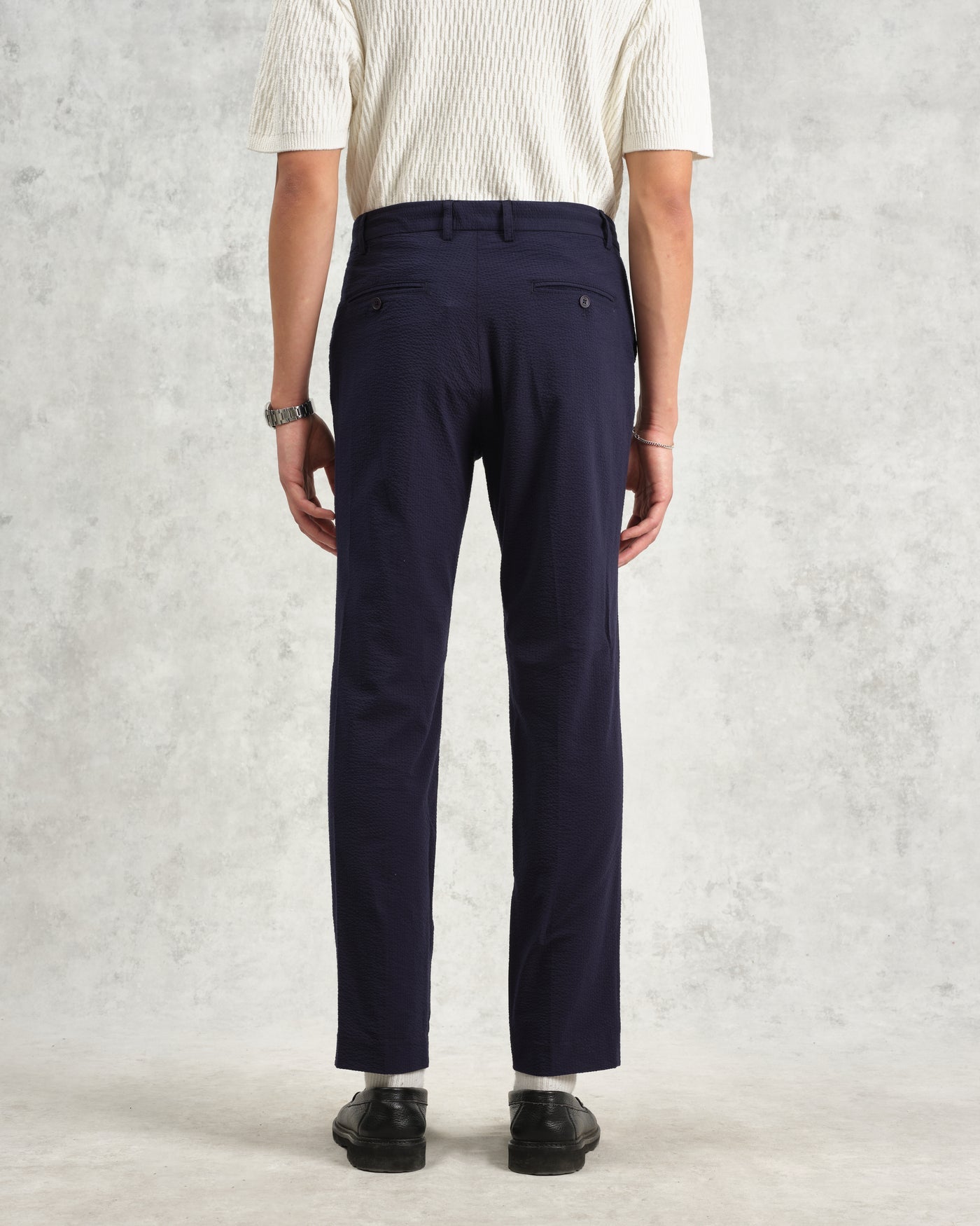 Alp Seersucker Smart Trouser Navy Grid