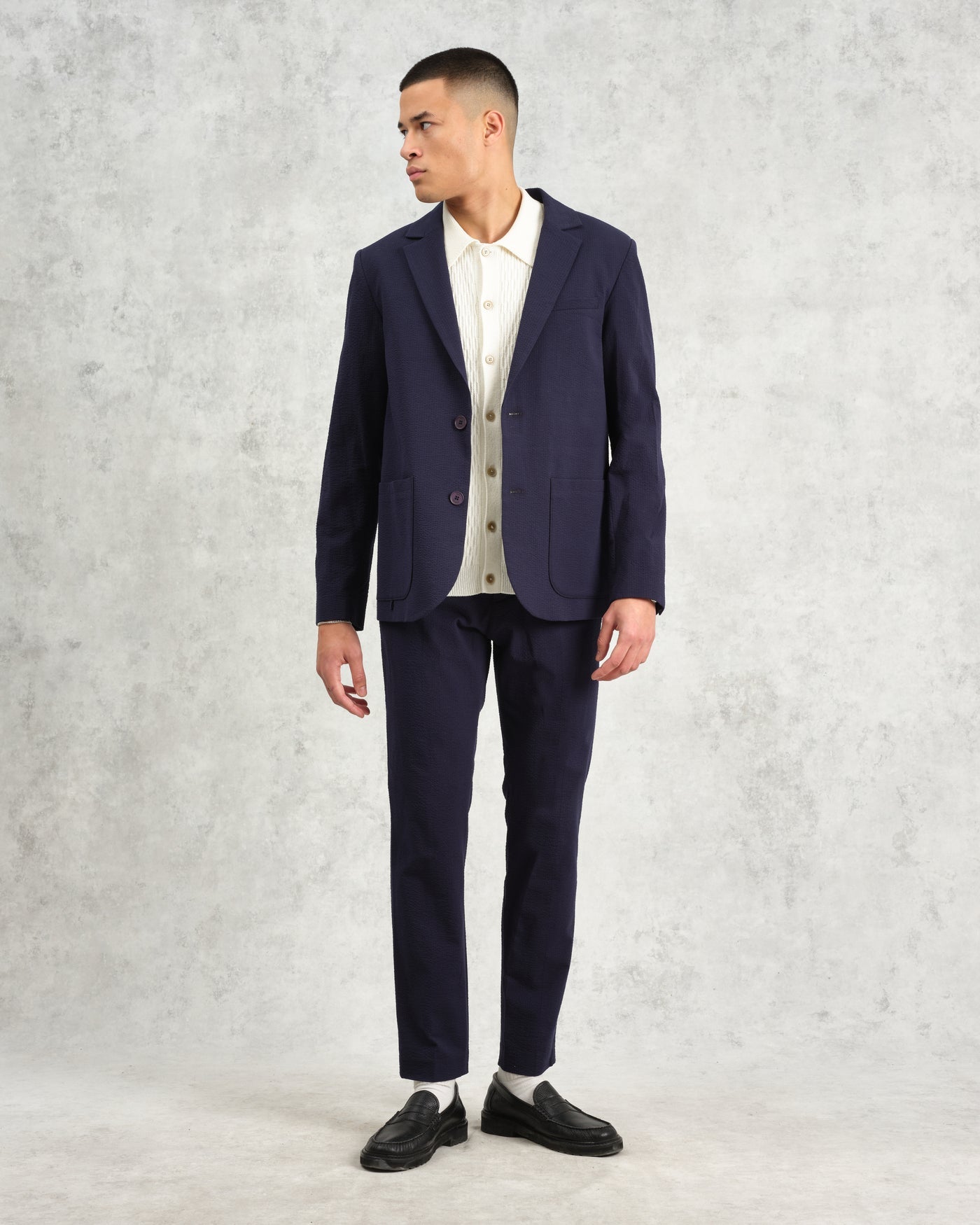 Alp Seersucker Smart Trouser Navy Grid