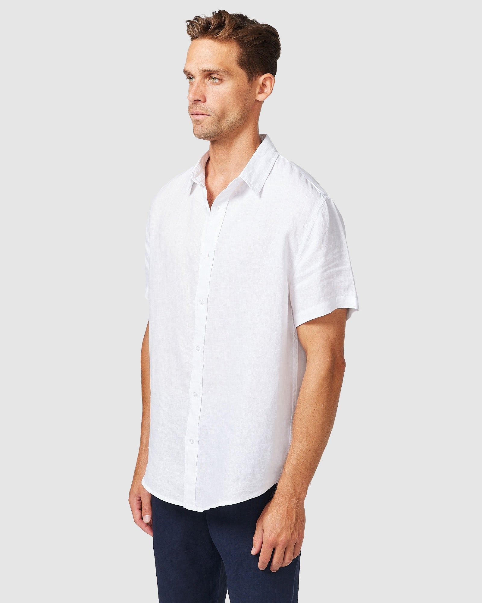 Solid Short Sleeve Linen Shirt White