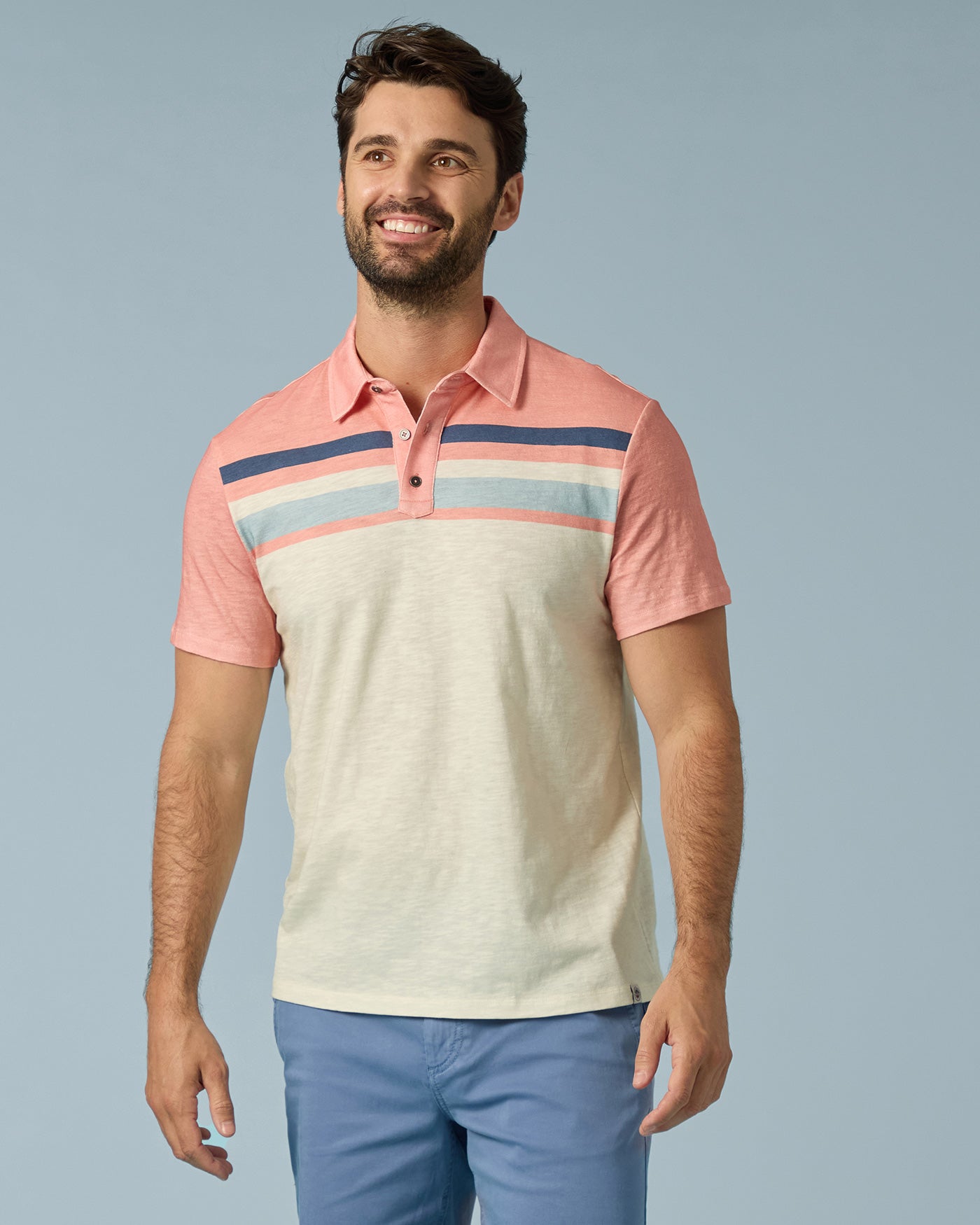 Millville Chest Blocked Slub Polo Natural/Coral