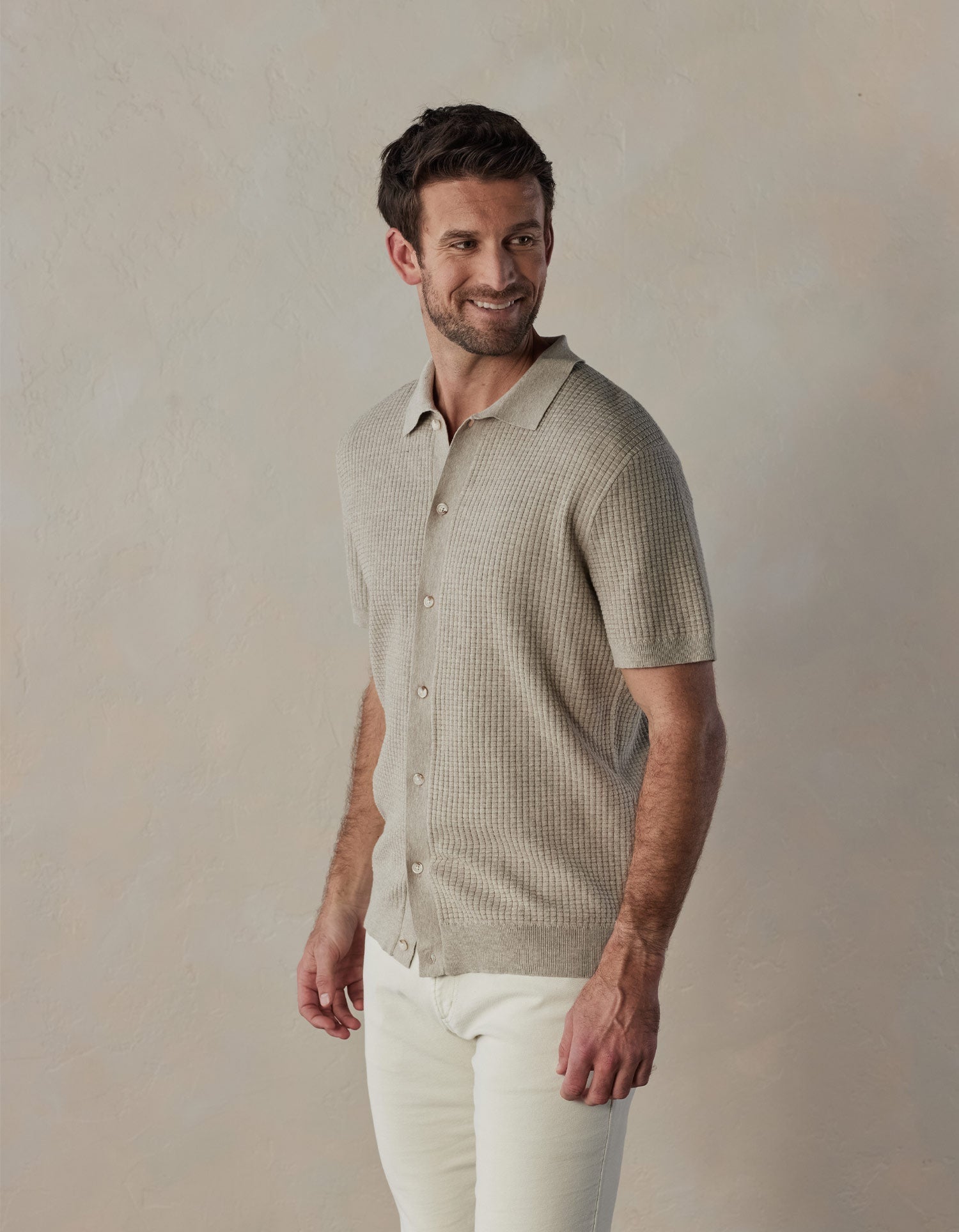 Waffle Stitch Button Up Flax