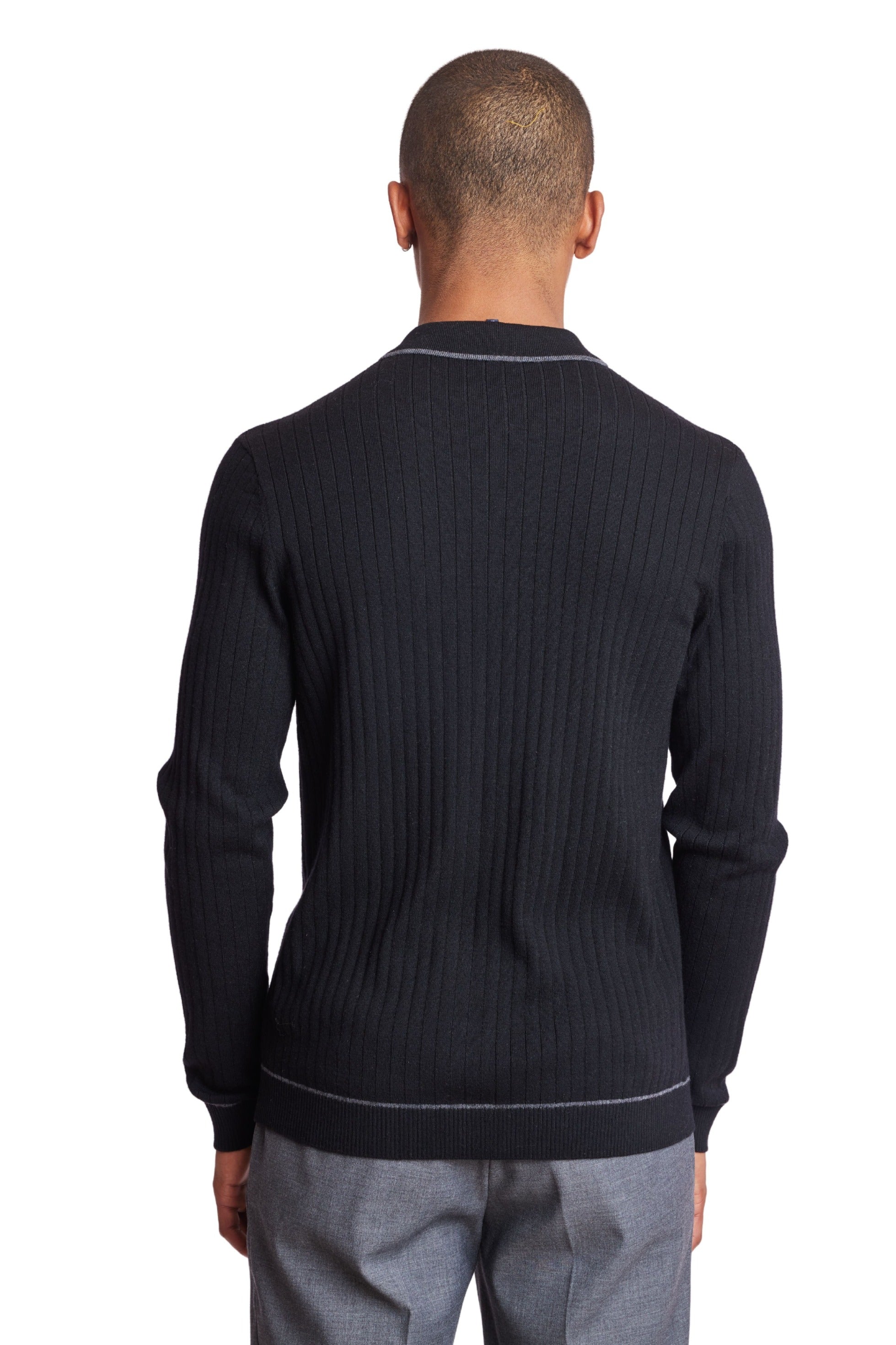 Long Sleeve Full Button Tipped Polo Sweater, Onyx Black