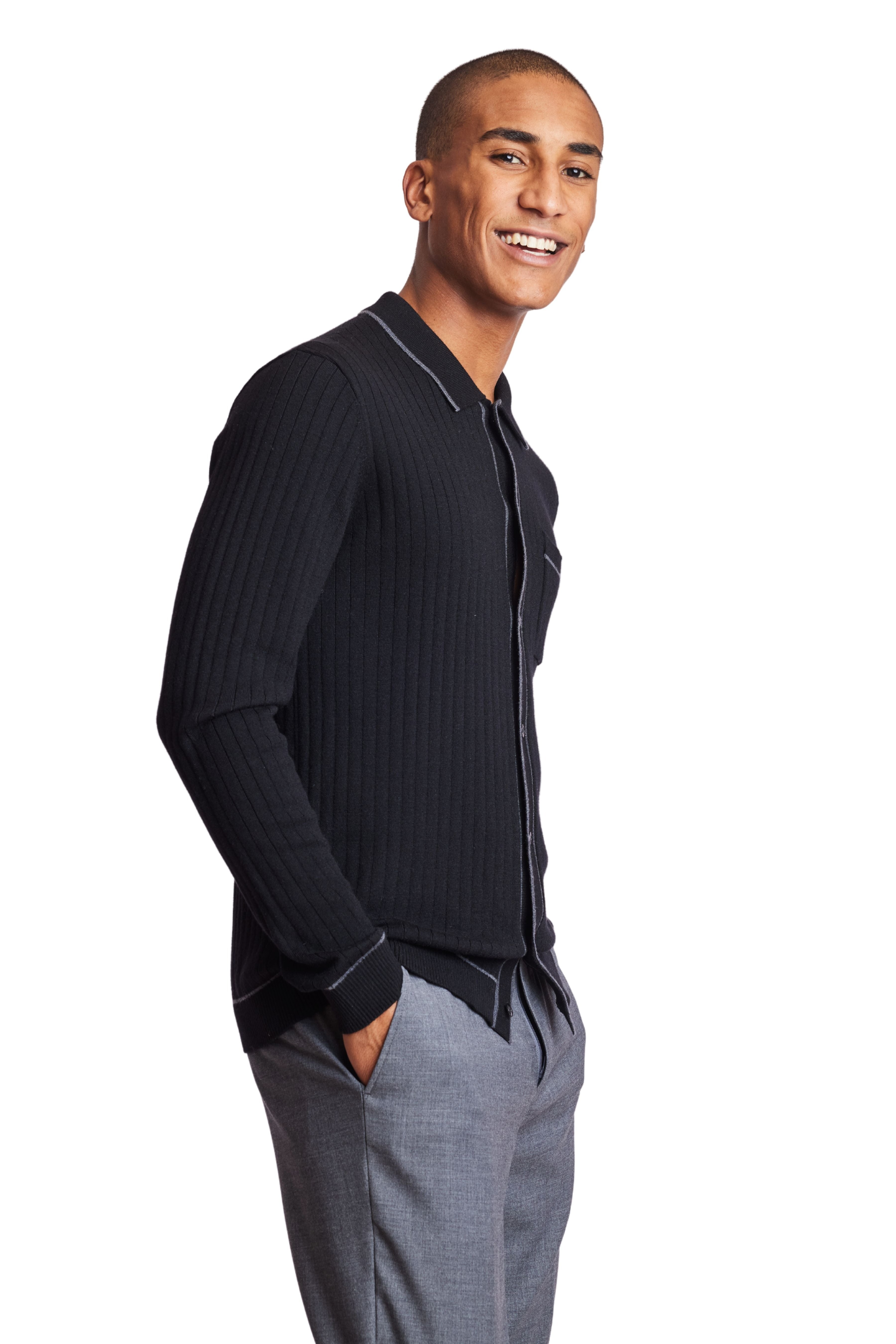 Long Sleeve Full Button Tipped Polo Sweater, Onyx Black