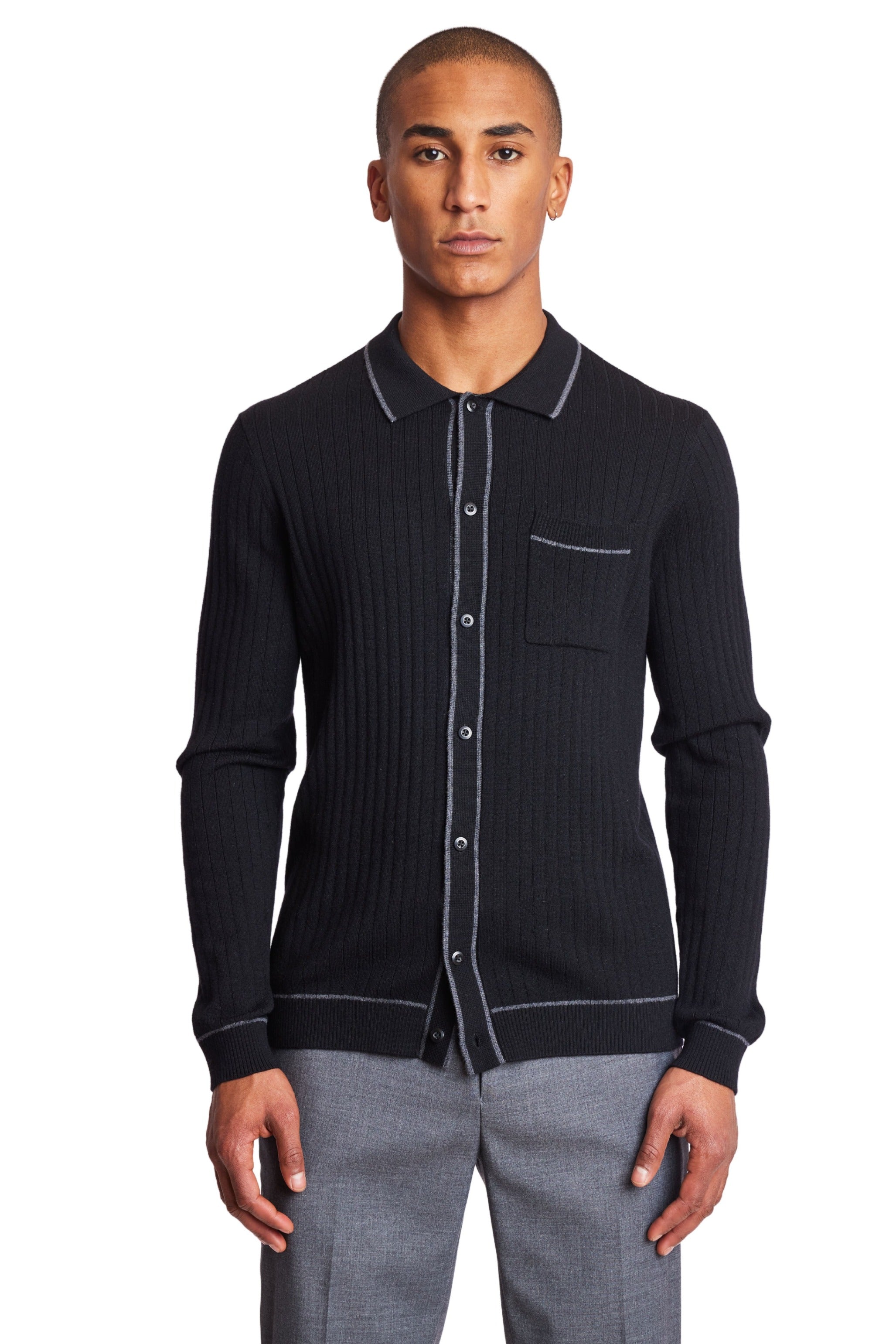 Long Sleeve Full Button Tipped Polo Sweater, Onyx Black
