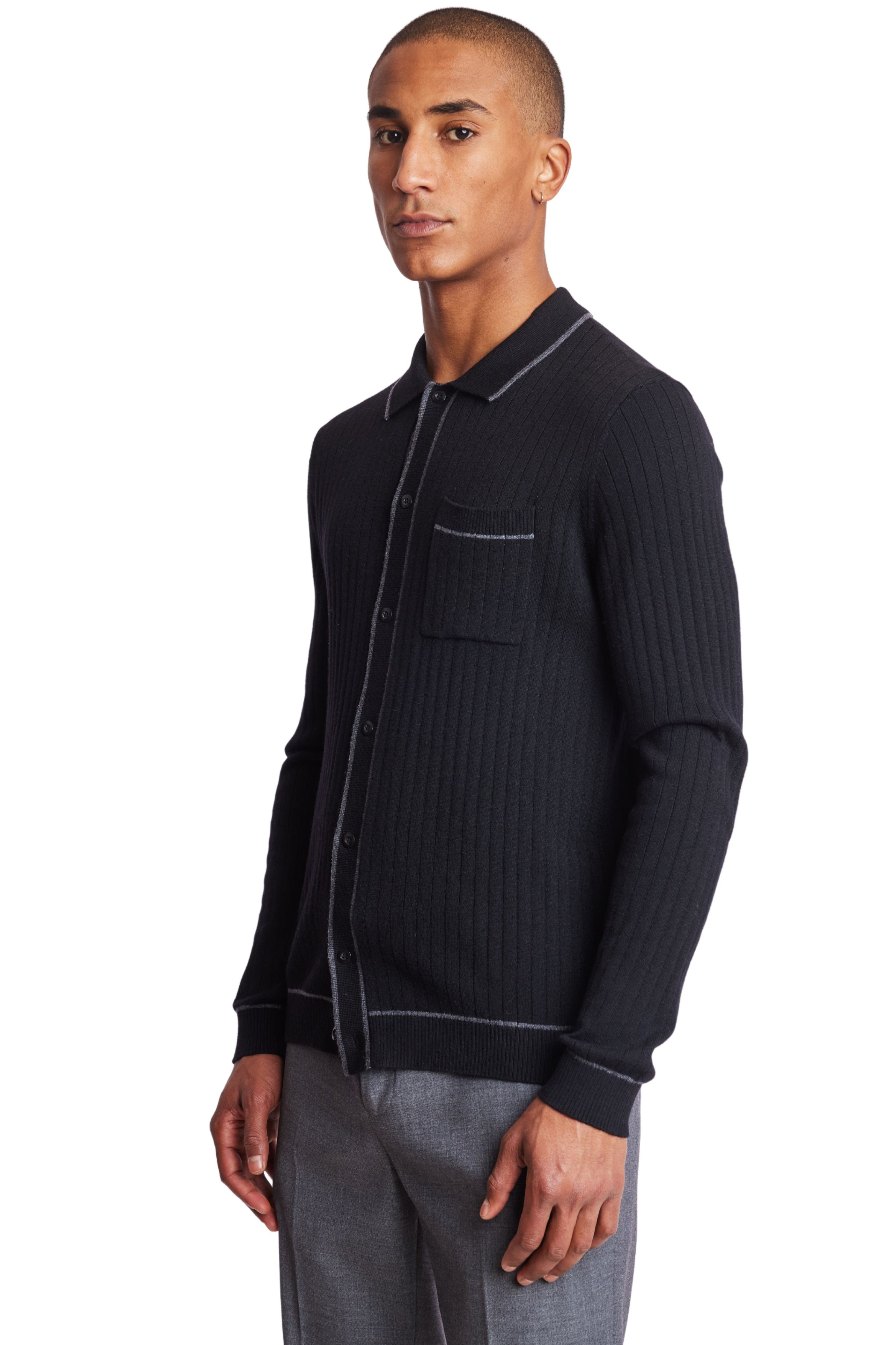 Long Sleeve Full Button Tipped Polo Sweater, Onyx Black