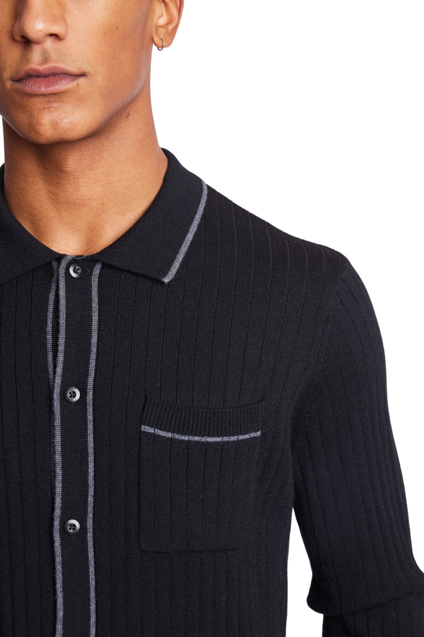 Long Sleeve Full Button Tipped Polo Sweater, Onyx Black