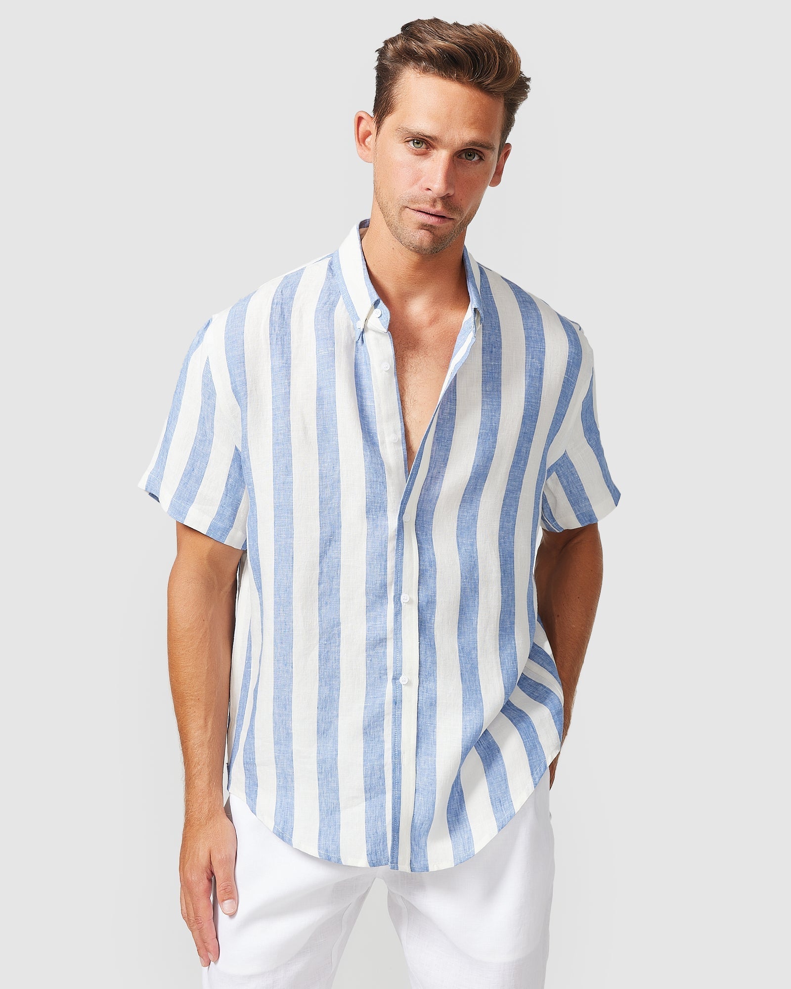 Blue Stripe Short Sleeve Linen Shirt Blue Stripe
