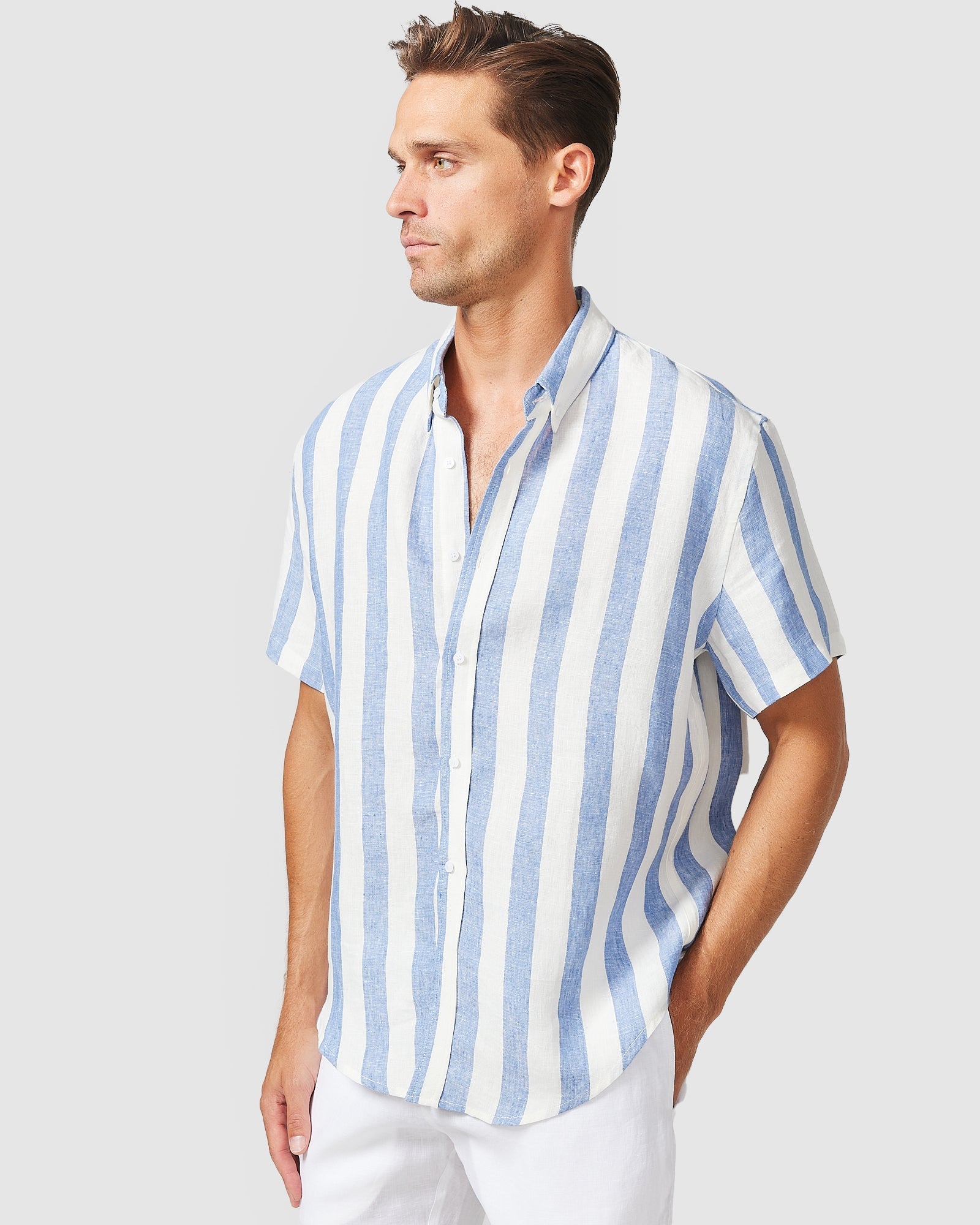 Blue Stripe Short Sleeve Linen Shirt Blue Stripe