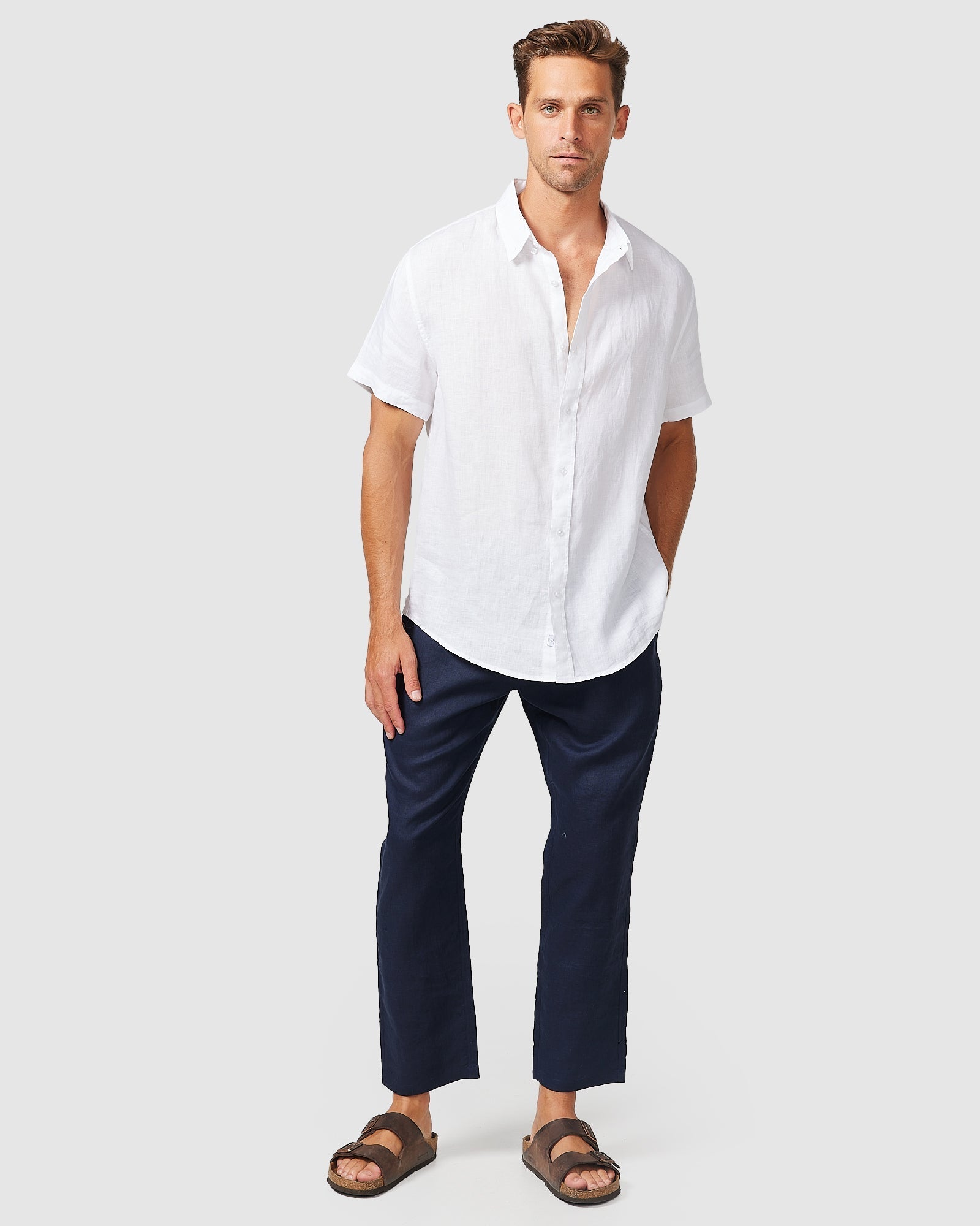 Solid Short Sleeve Linen Shirt White