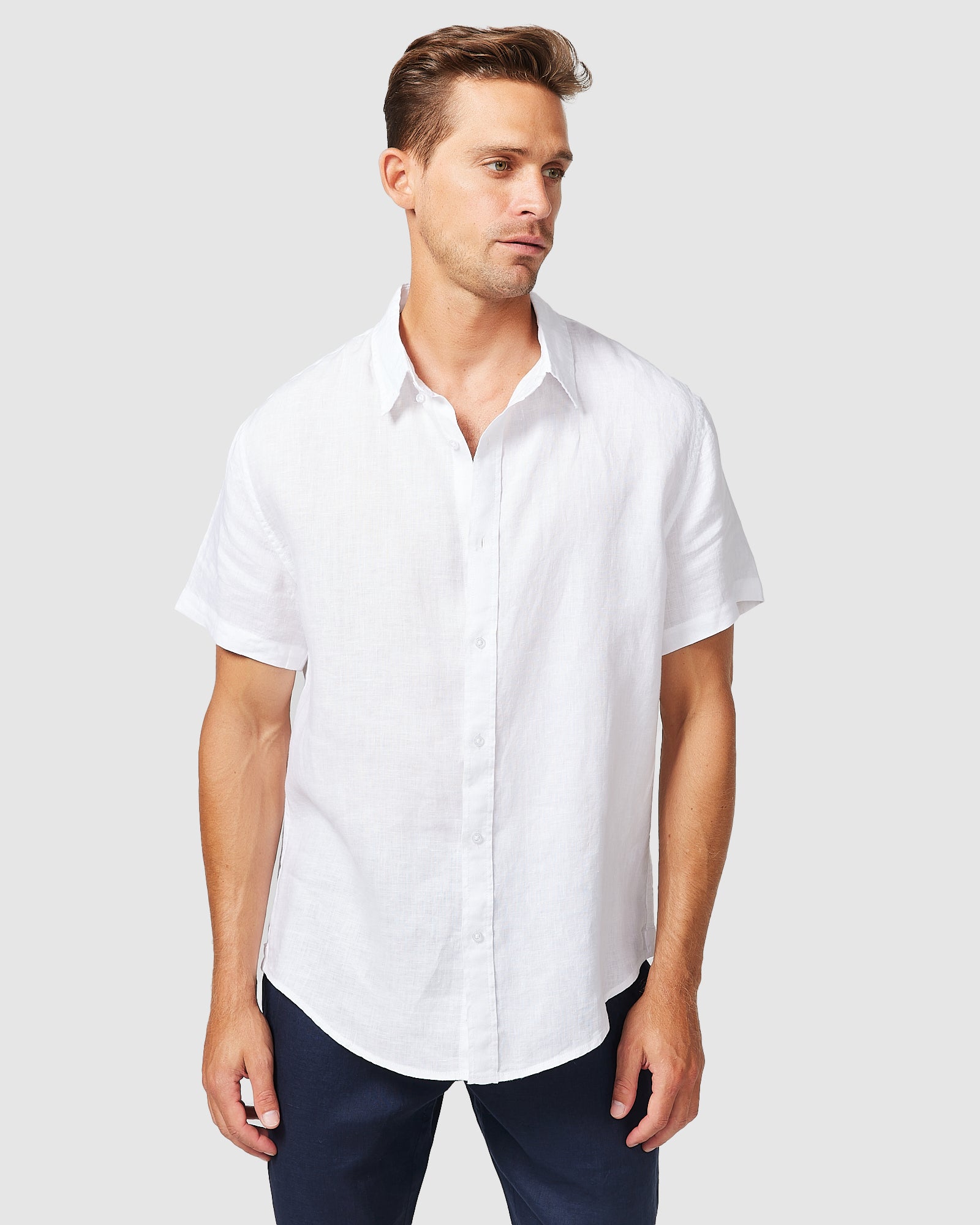 Solid Short Sleeve Linen Shirt White
