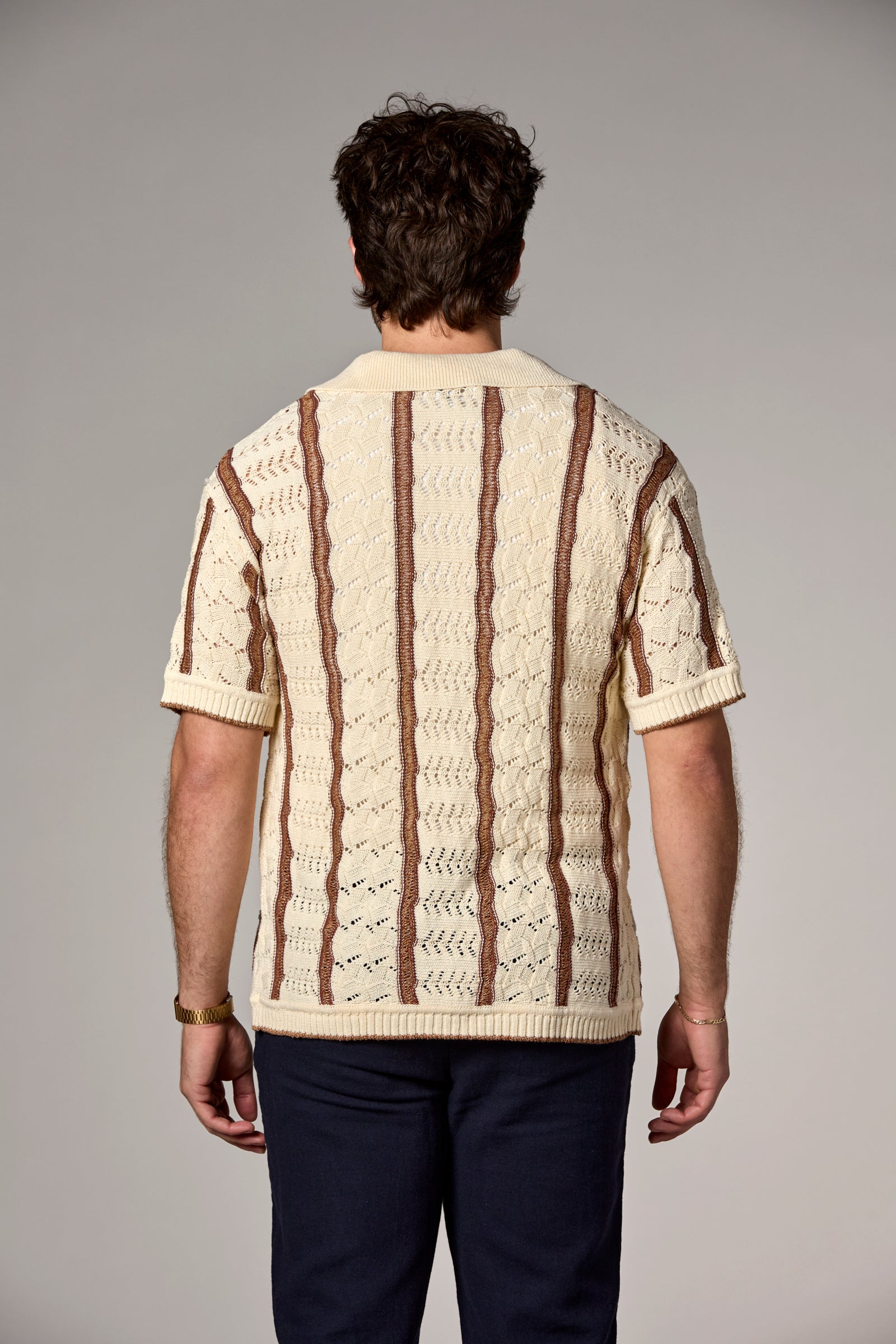 Striped Texture Knit Shirt Chocolate/Ivory