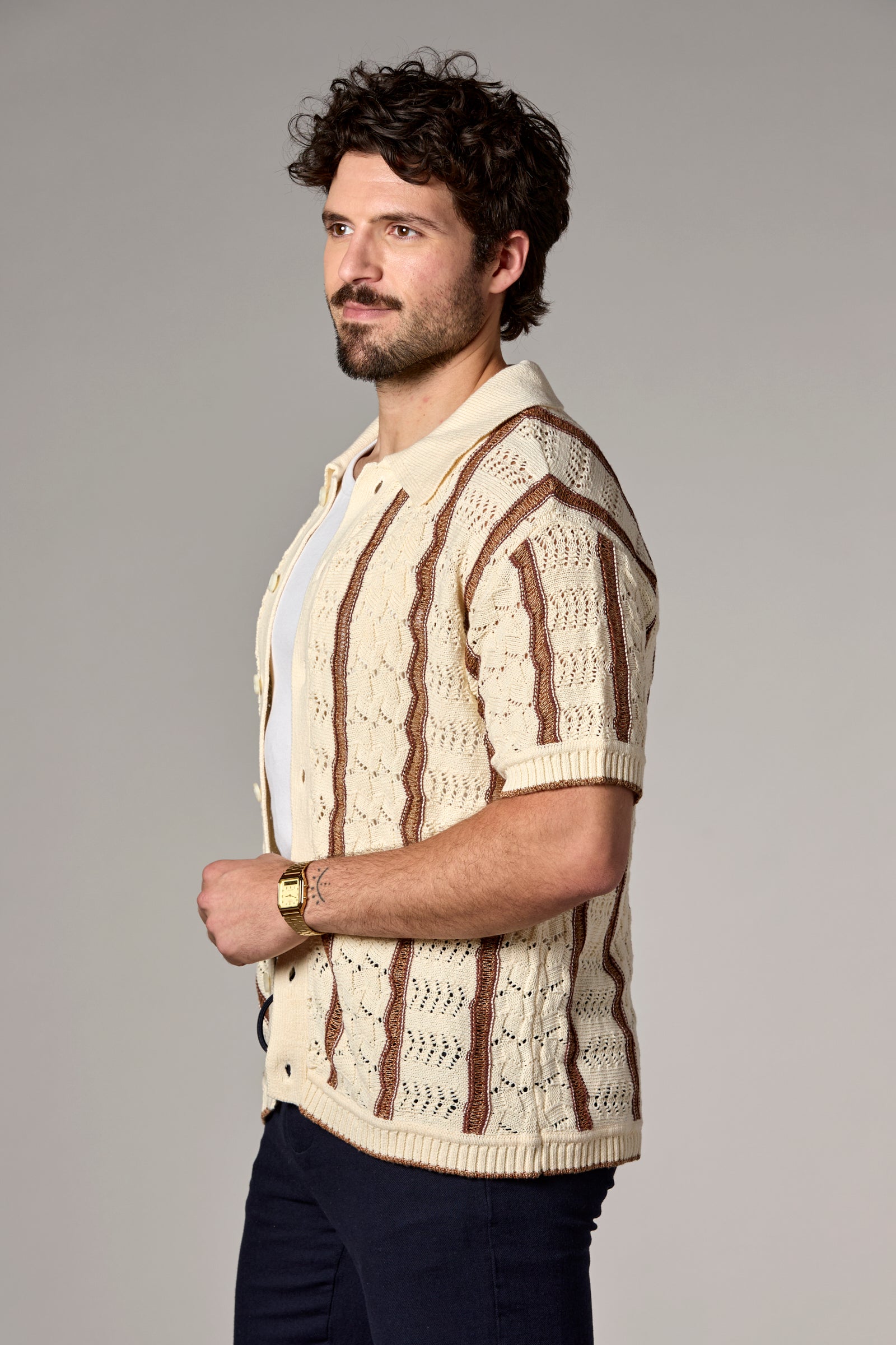 Striped Texture Knit Shirt Chocolate/Ivory