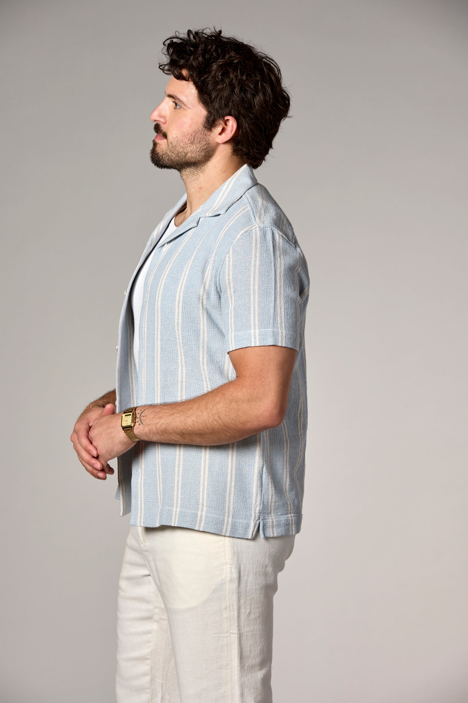Bahamas S/S Striped Camp Shirt Ecru/Light Blue