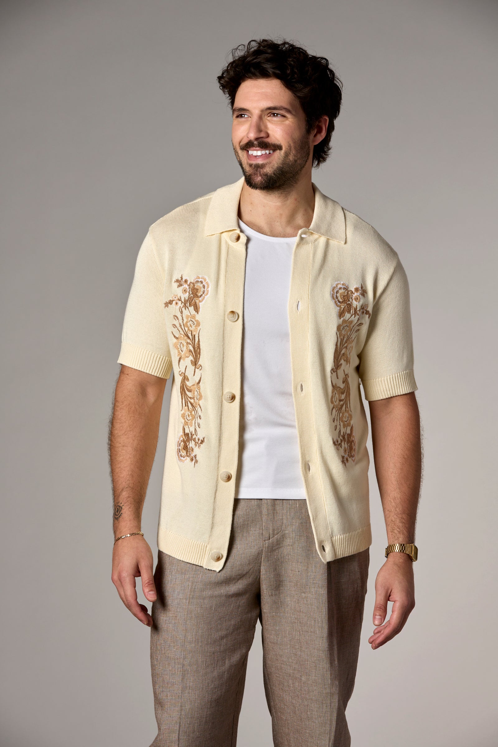 Embroidered Knit Shirt Ivory Combo