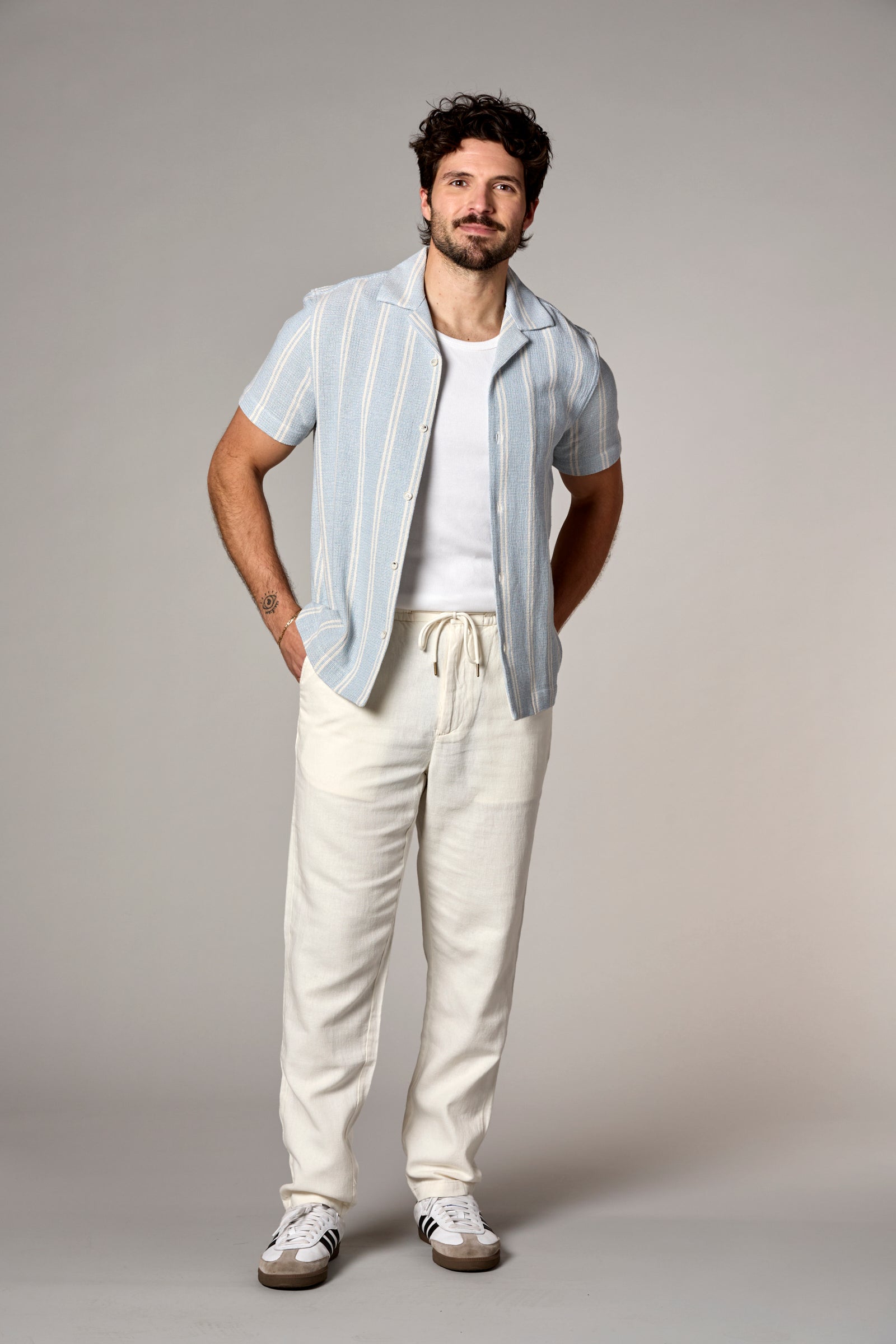 Bahamas S/S Striped Camp Shirt Ecru/Light Blue