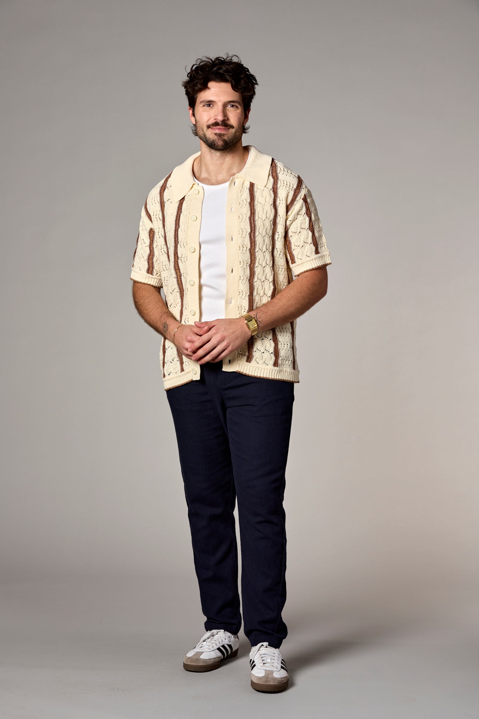Striped Texture Knit Shirt Chocolate/Ivory