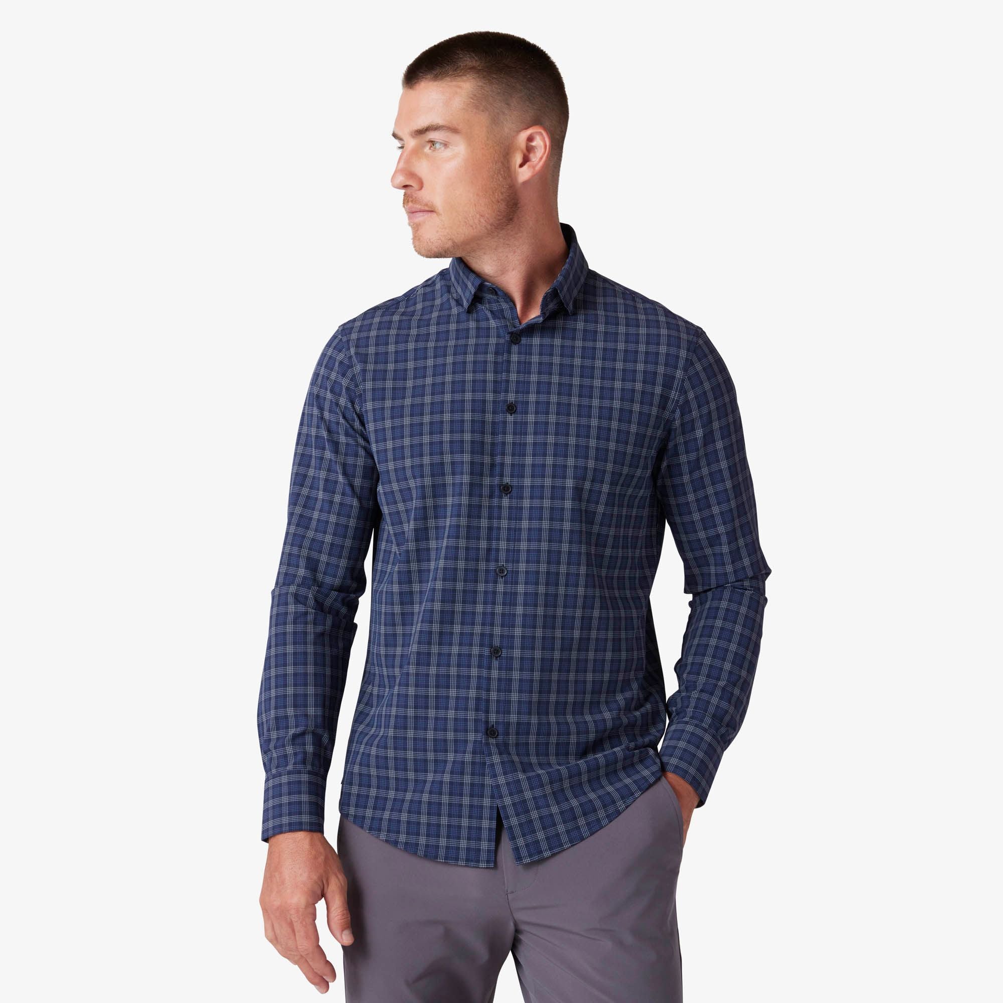 Leeward "No Tuck" Long Sleeve Dress Shirt Navy Dallas Plaid