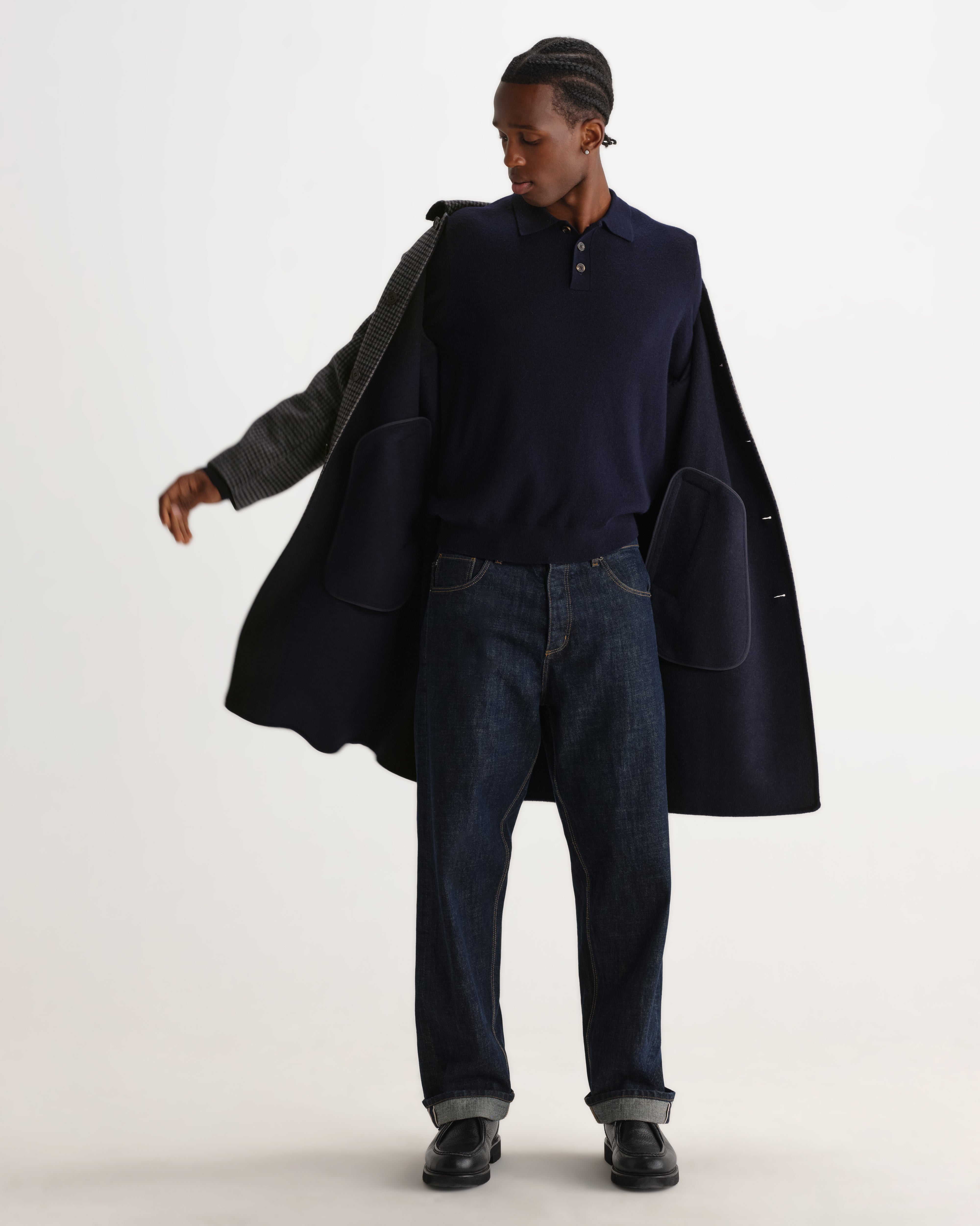 Stan Coat in Double Face Check Navy/Brown