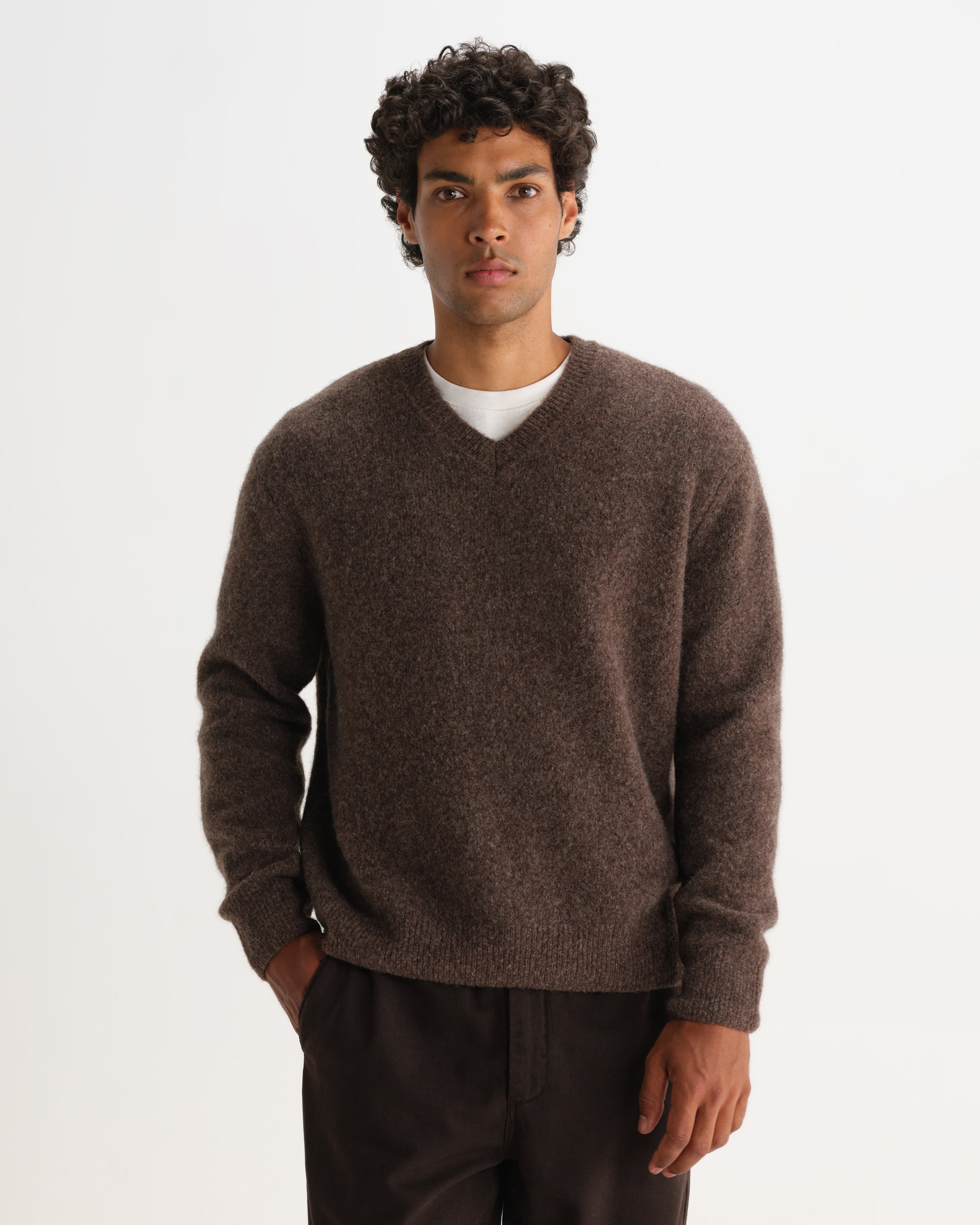 Kemp V Neck in Fluffy Wool Blend Chocolate Brown
