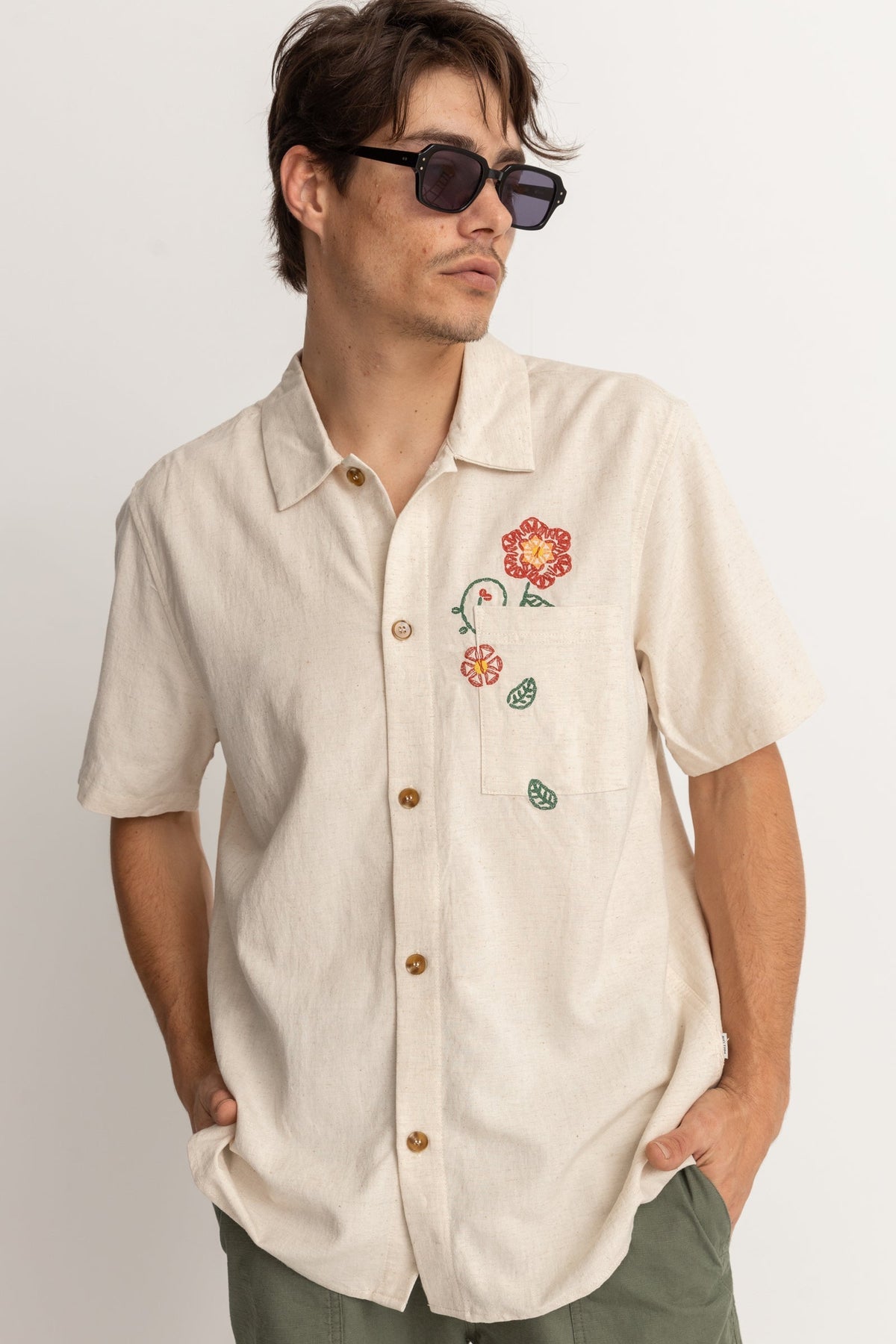 Flower Embroidery Shirt Natural