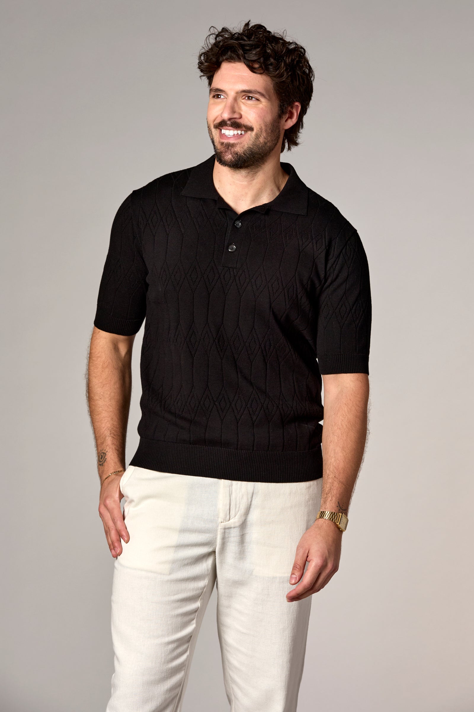 Pointelle Knit Polo Black